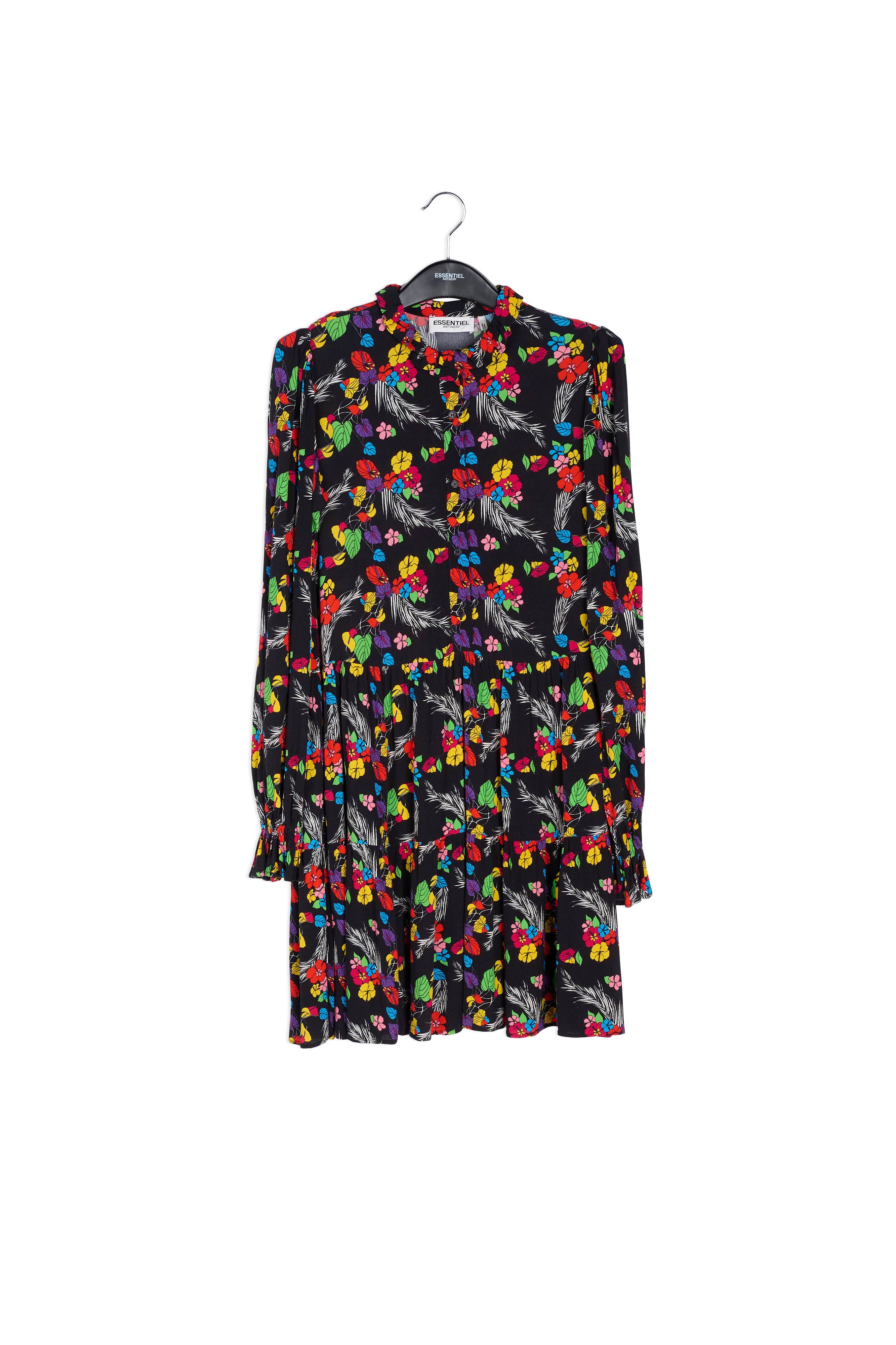Zwarte mini-jurk met tropische print RE—SSENTIEL | Essentiel second hand