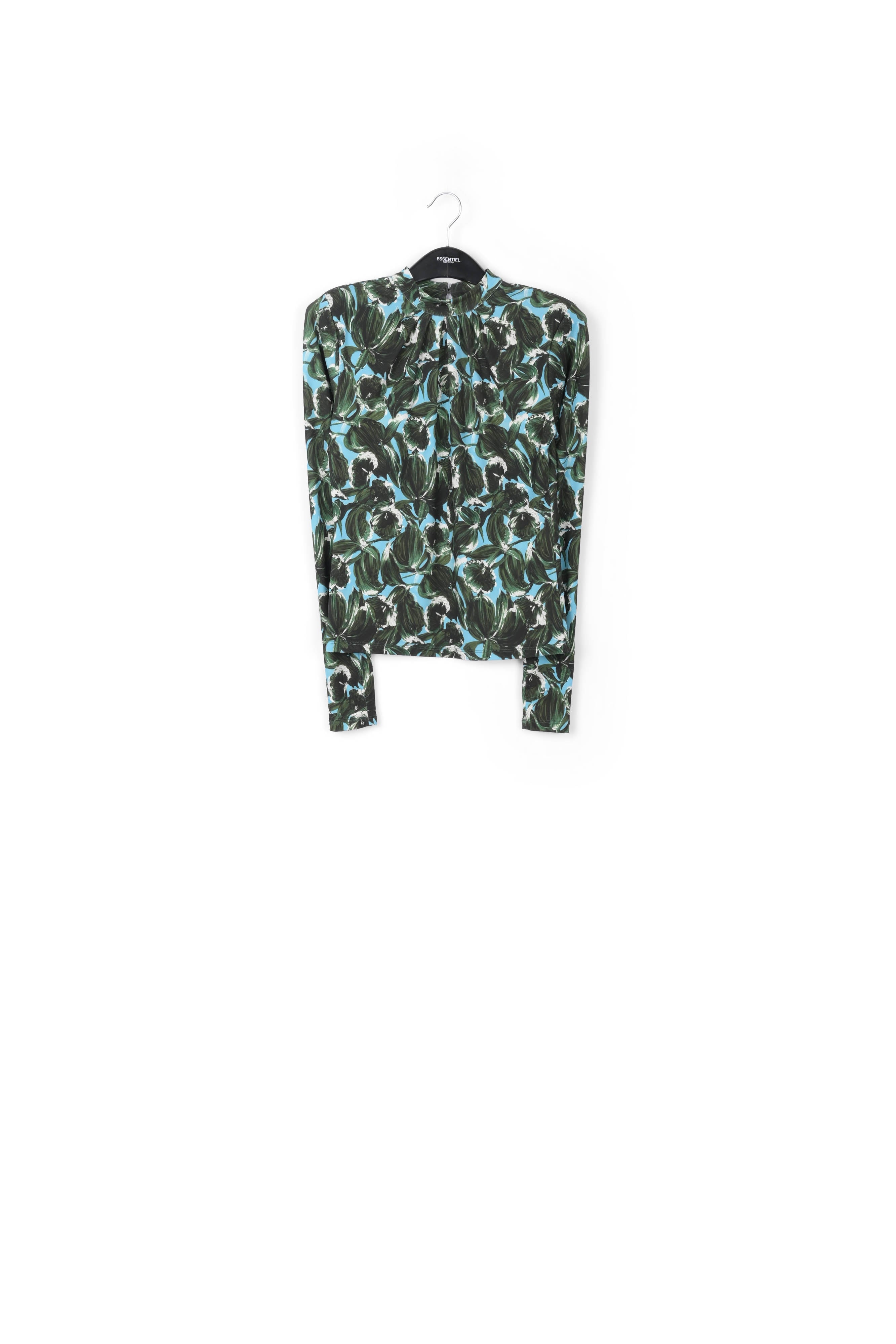 Blue and dark green leaf-print mock neck top RE—SSENTIEL | Essentiel second hand