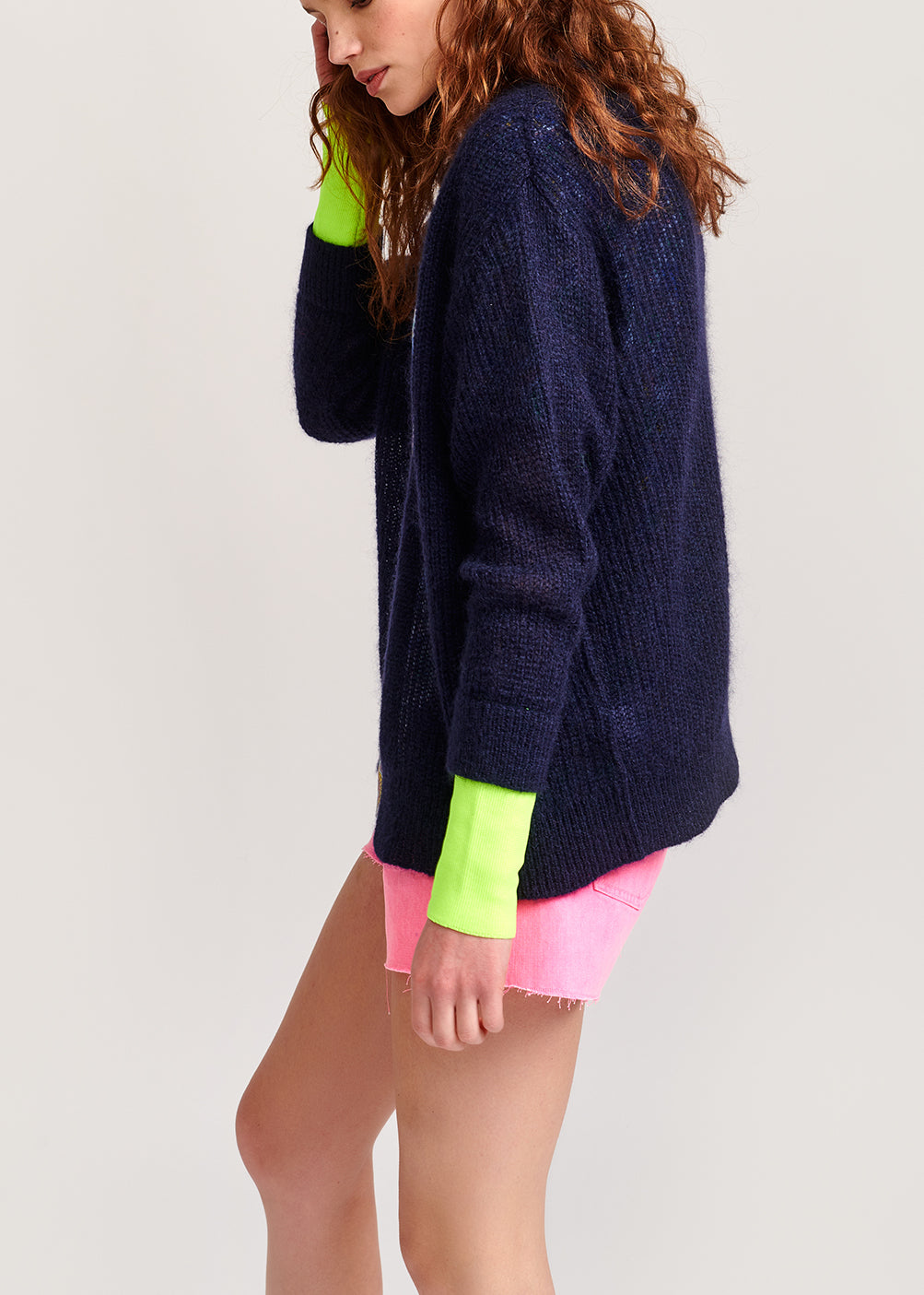 Dark blue mohair-blend cardigan with neon cuffs RE—SSENTIEL | Essentiel second hand