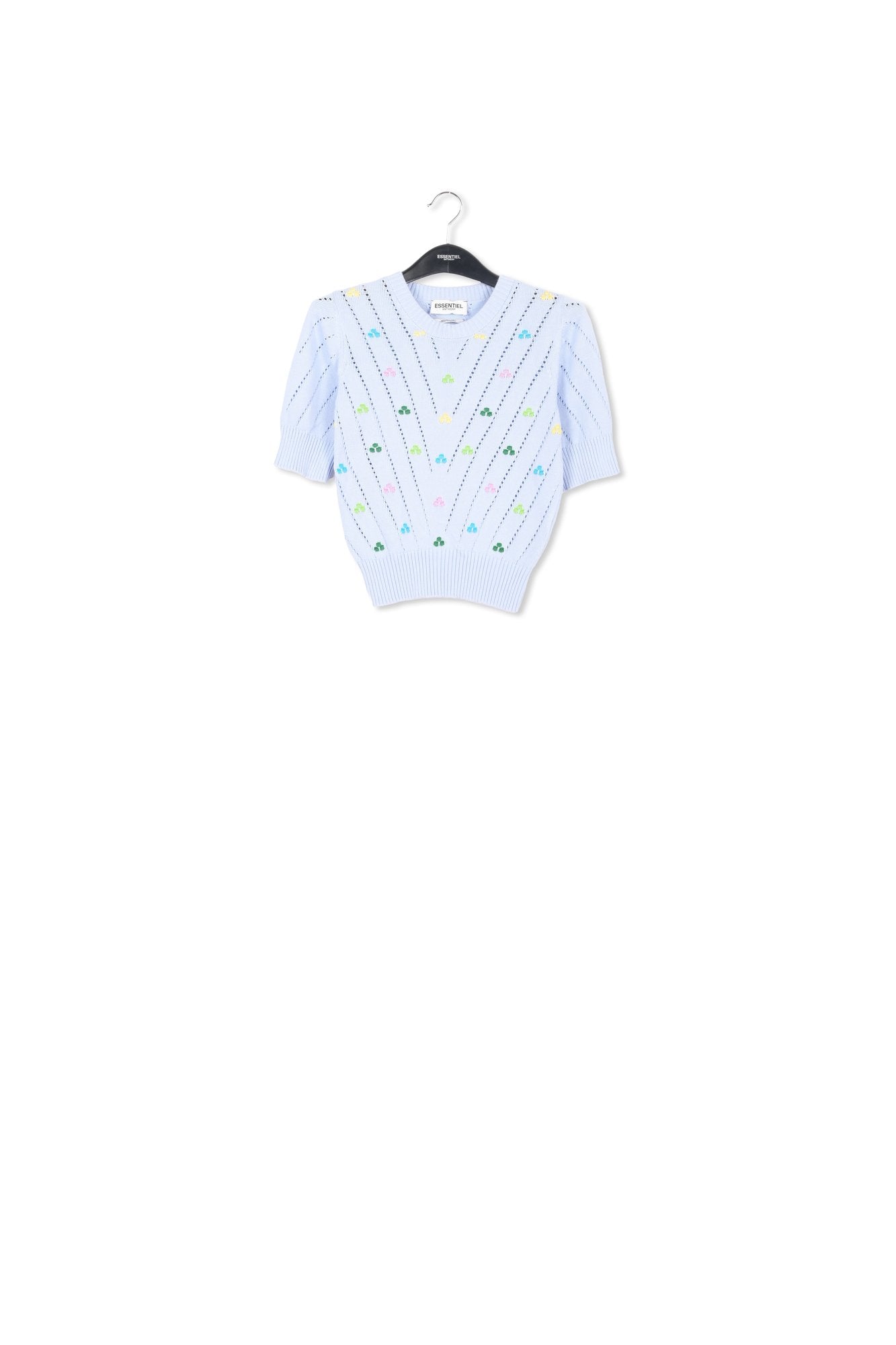 Light blue pointelle-knitted sweater with embroideries RE—SSENTIEL | Essentiel second hand