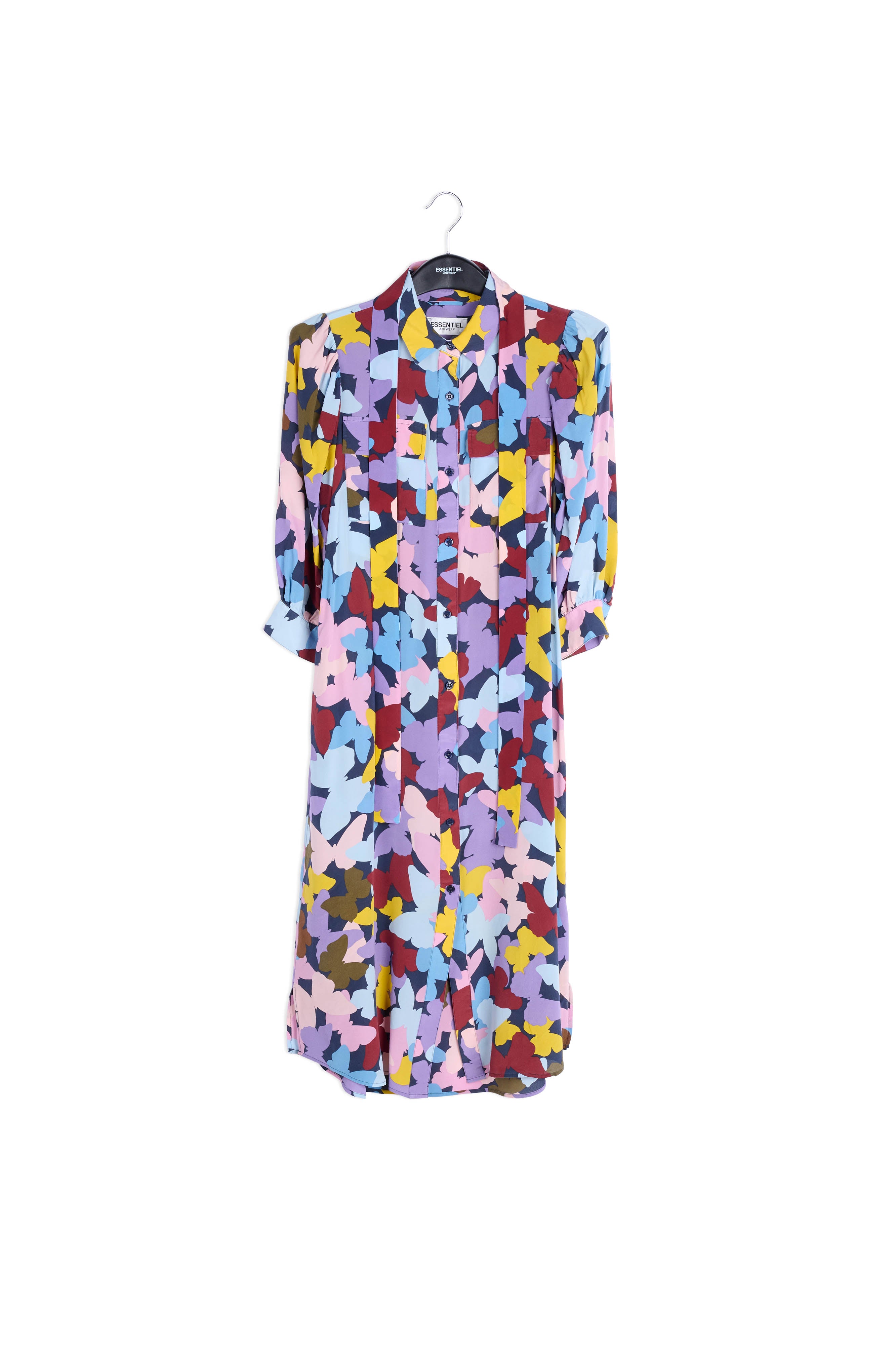 Bordeaux, lila en blauwe zijden midi-jurk met vlinders RE—SSENTIEL | Essentiel second hand