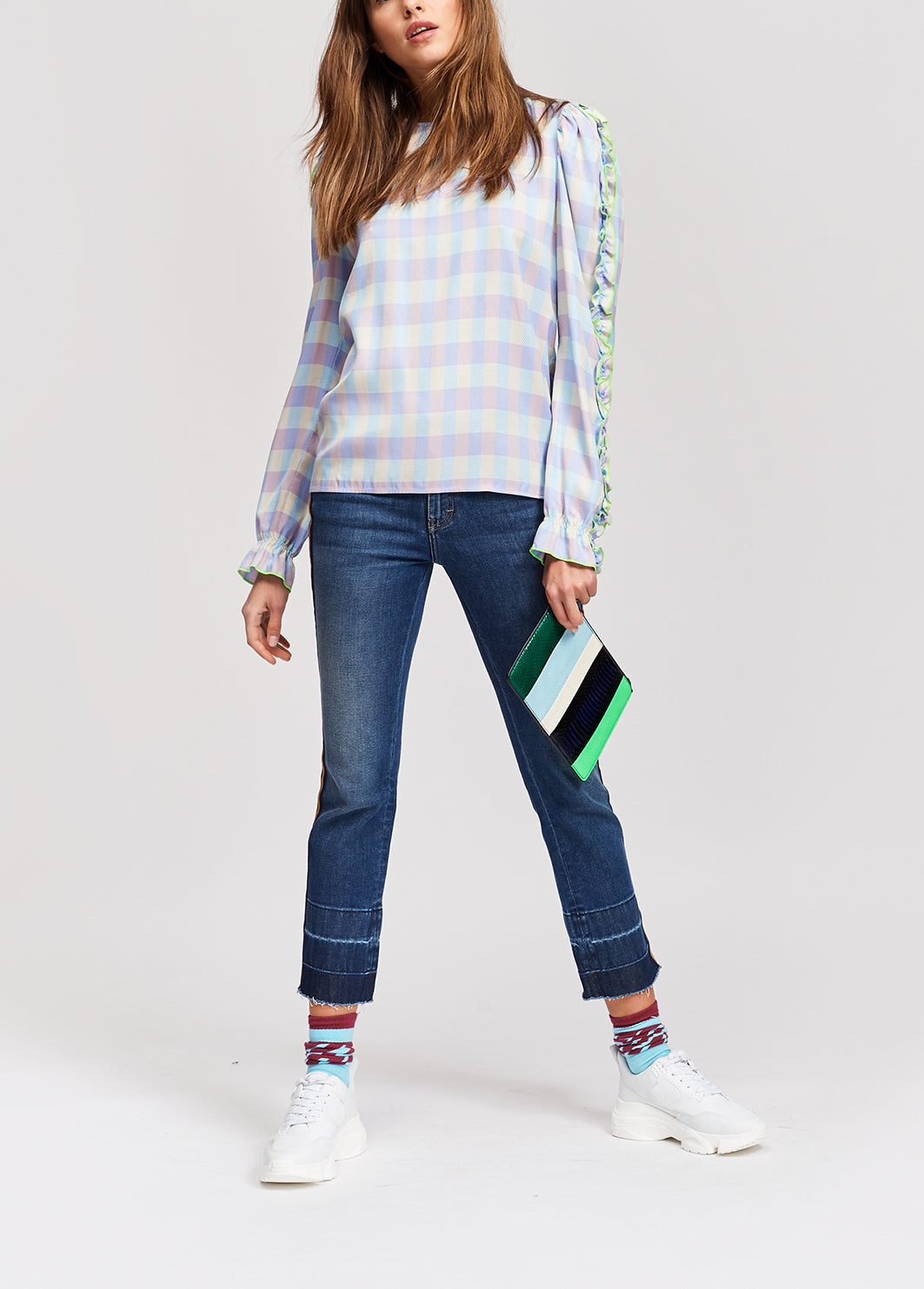 Light blue and purple checked top with ruffled sleeves RE—SSENTIEL | Essentiel second hand