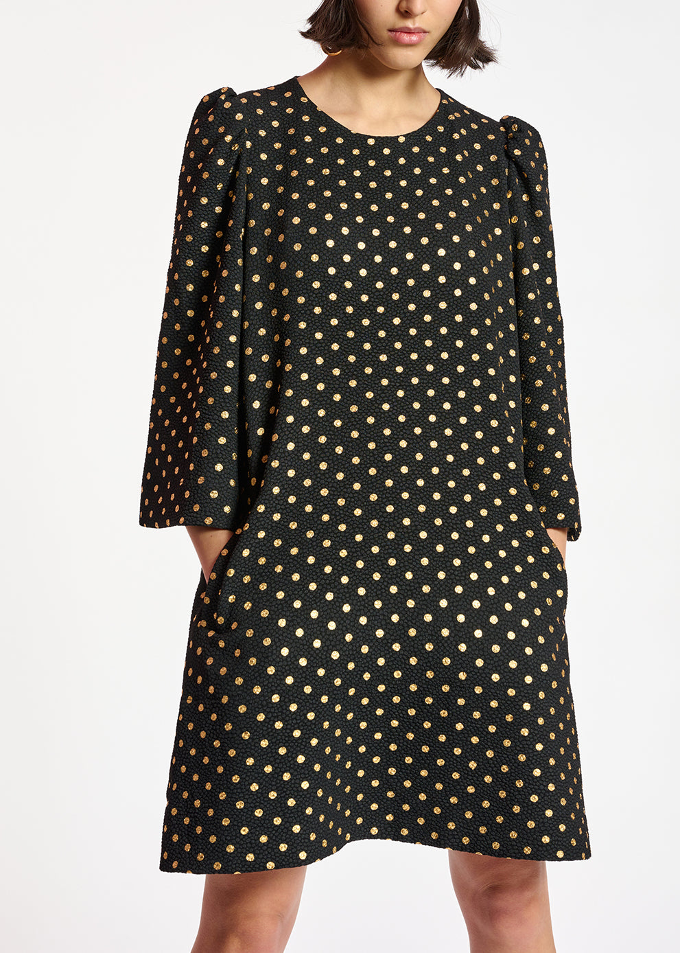 Black and gold polka-dot mini dress with trumpet sleeves RE—SSENTIEL | Essentiel second hand