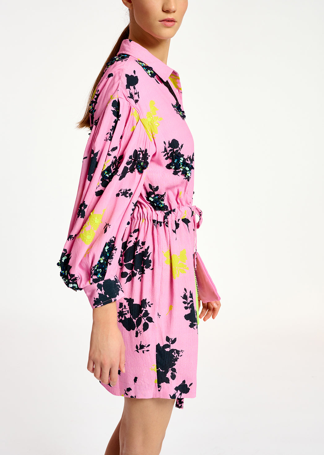 Pink, black and yellow floral print mini dress RE—SSENTIEL | Essentiel second hand