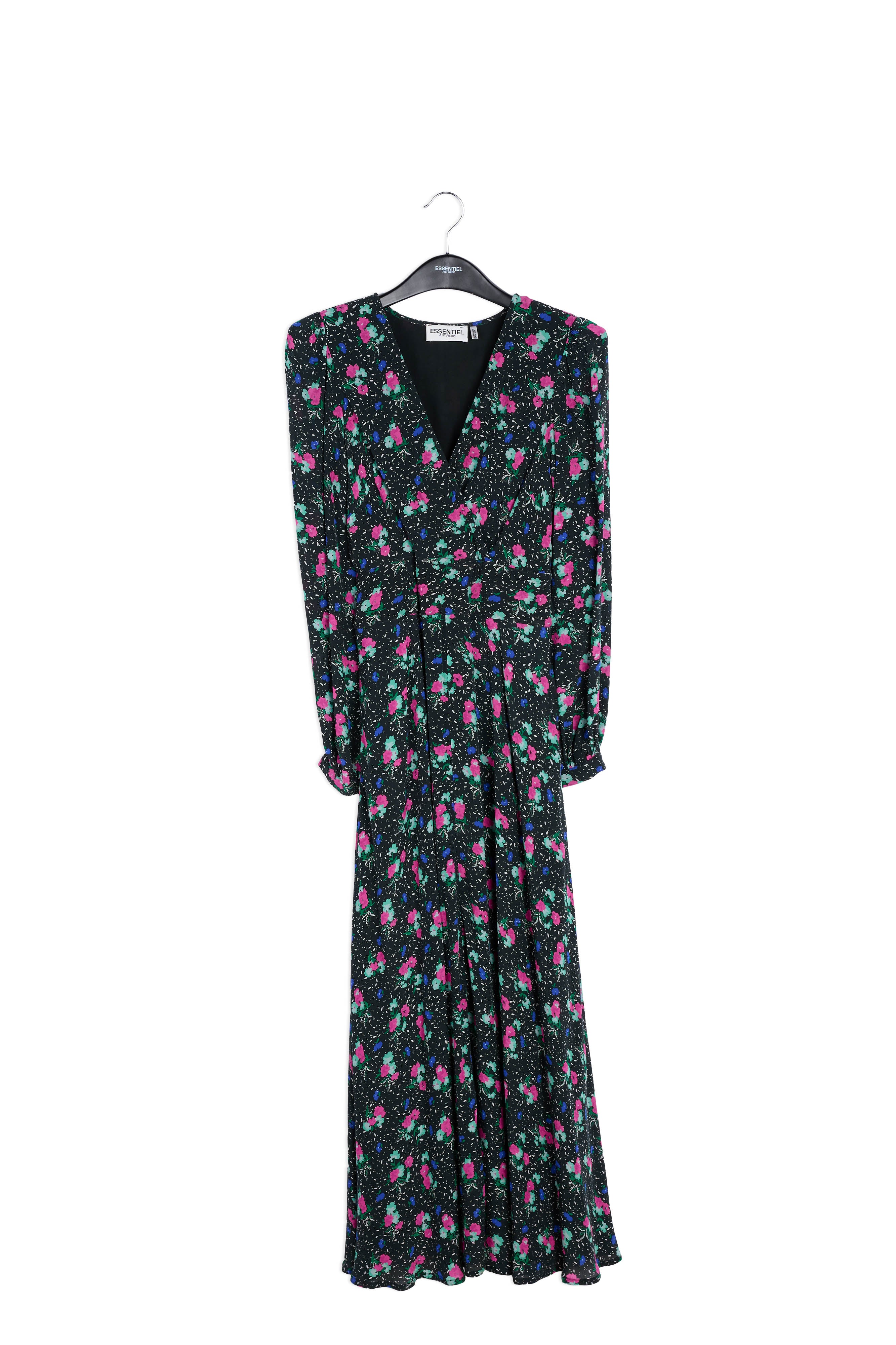 Robe maxi portefeuille noire à fleurs RE—SSENTIEL | Essentiel second hand