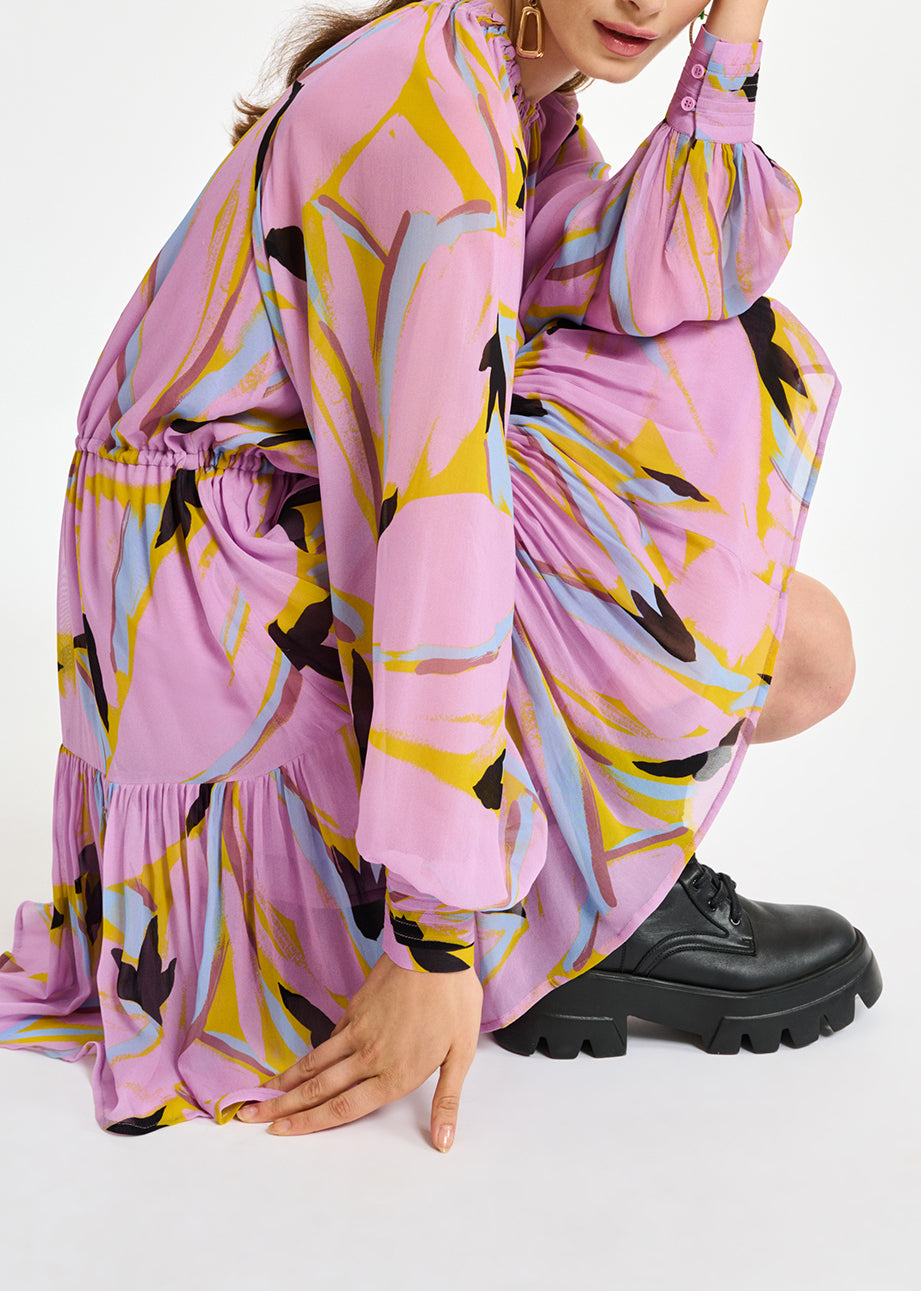 Mini-robe lilas à imprimé abstrait et manches bouffantes RE—SSENTIEL | Essentiel second hand