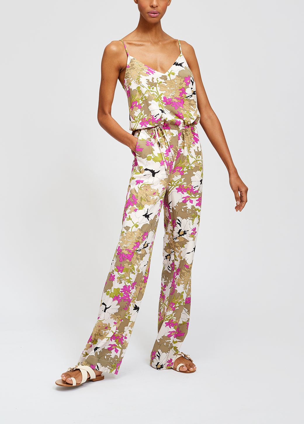 White, pink and khaki green floral jumpsuit RE—SSENTIEL | Essentiel second hand