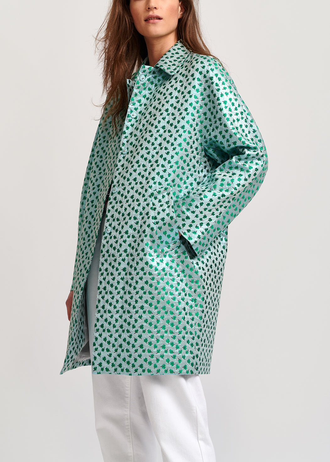 Mint green clover-print single-breasted coat RE—SSENTIEL | Essentiel second hand