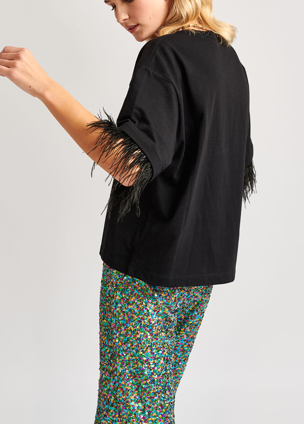 Black cotton-jersey t-shirt with feather trims RE—SSENTIEL | Essentiel second hand