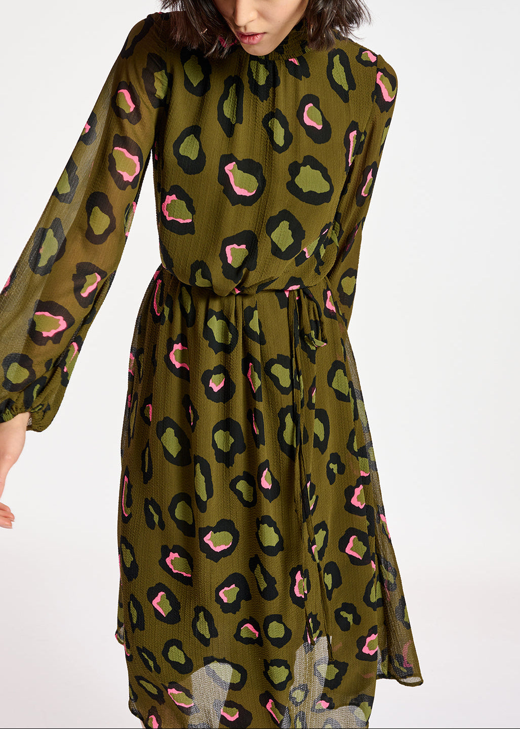 Robe midi kaki à  imprimé léopard RE—SSENTIEL | Essentiel second hand