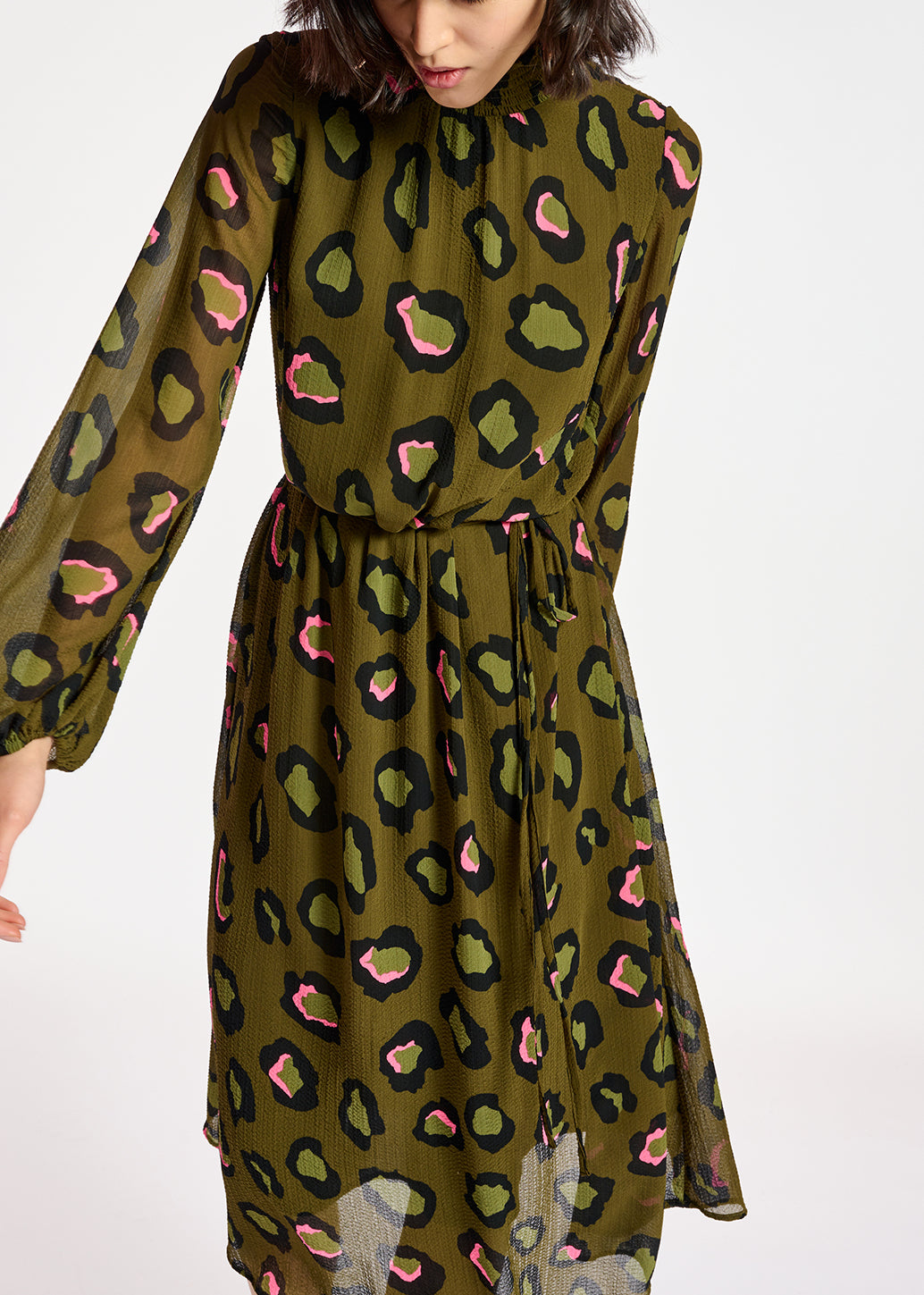 Khaki leopard-print midi-length dress RE—SSENTIEL | Essentiel second hand