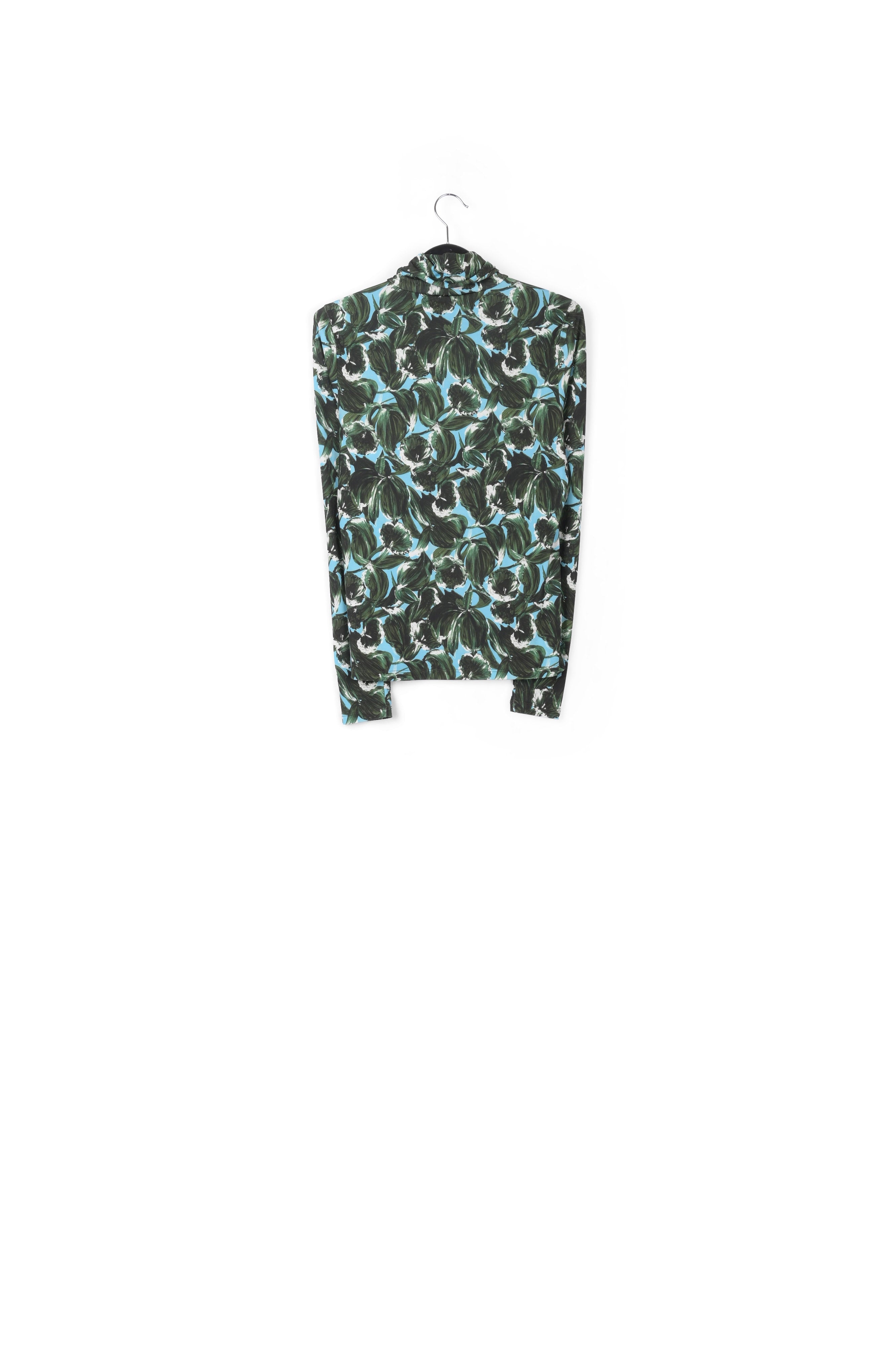 Blue and dark green leaf-print turtleneck top RE—SSENTIEL | Essentiel second hand