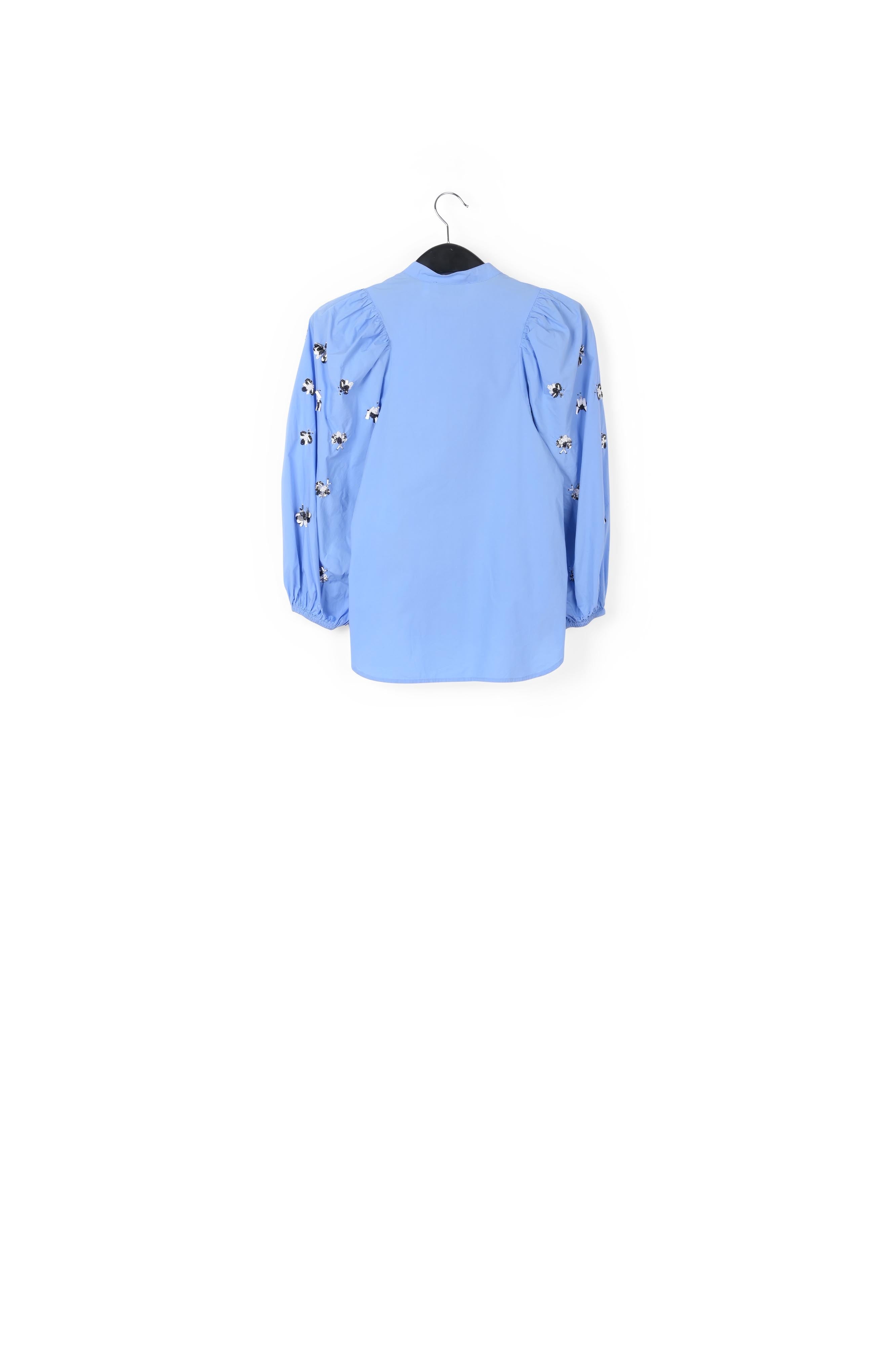 Blue cotton-poplin embroidered puffed-sleeve shirt RE—SSENTIEL | Essentiel second hand