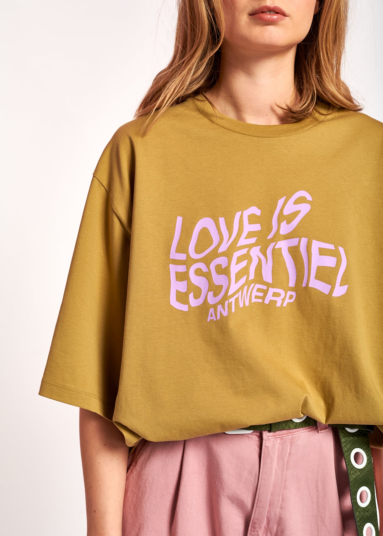 Olive green blurred slogan cotton-jersey oversized t-shirt RE—SSENTIEL | Essentiel second hand