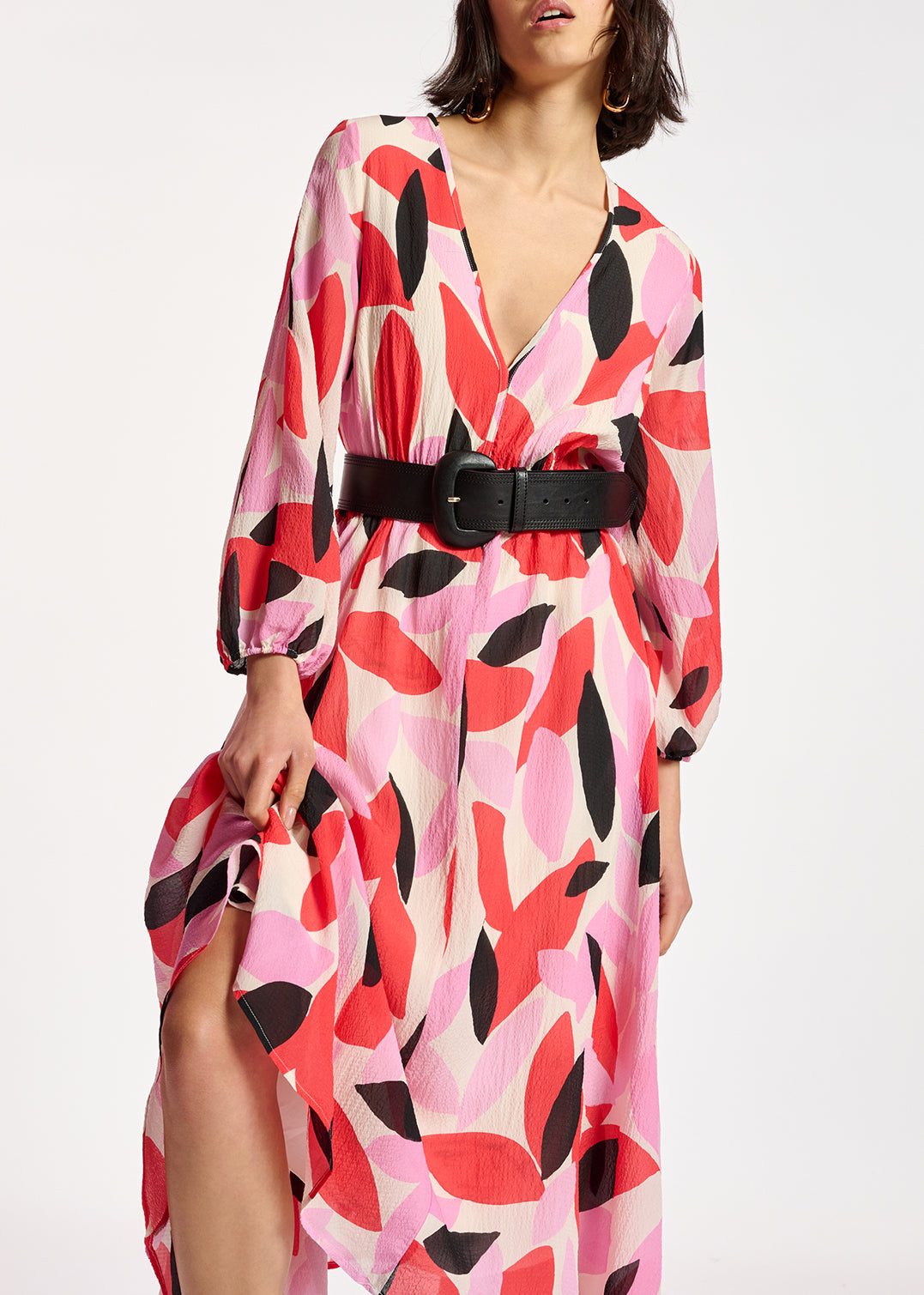 Robe midi à imprimé abstrait blanc cassé, rouge et rose RE—SSENTIEL | Essentiel second hand