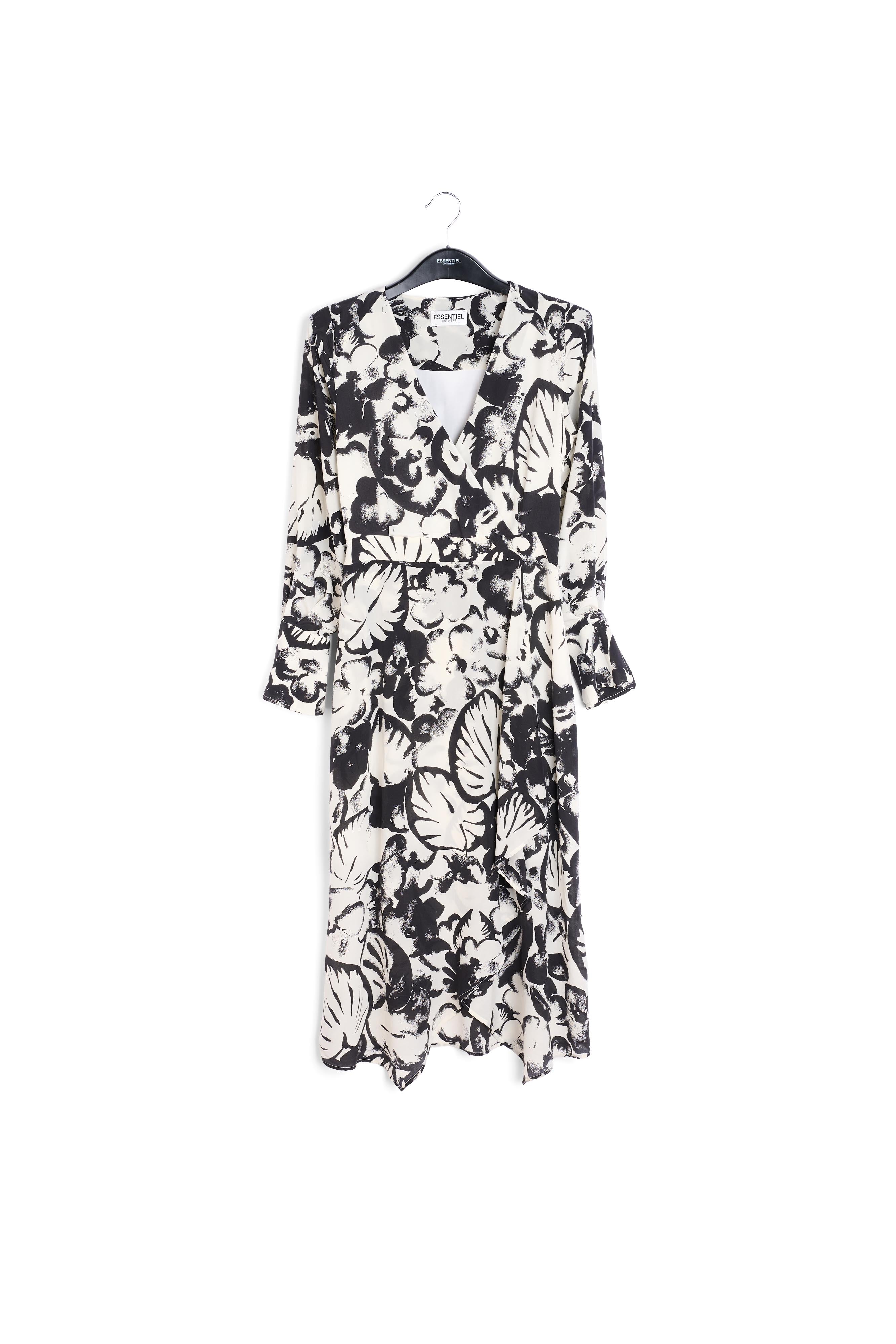 Gebroken witte zijden midi-jurk met botanische print RE—SSENTIEL | Essentiel second hand