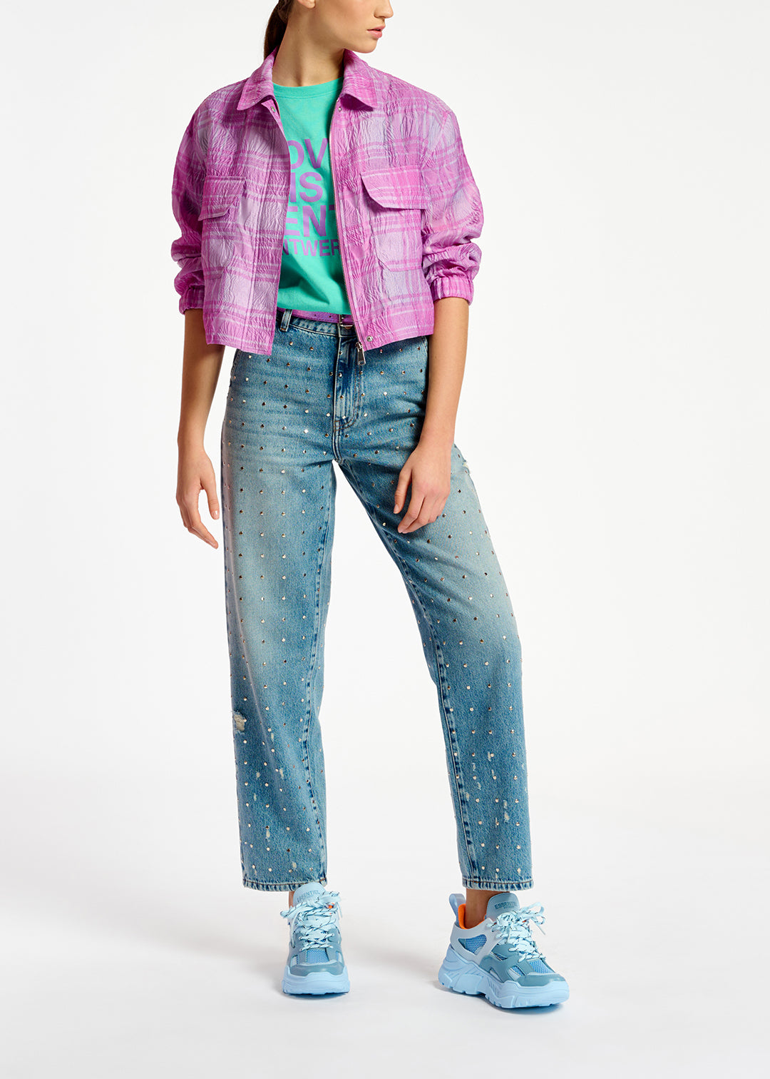 Lilac and purple checked cropped jacket RE—SSENTIEL | Essentiel second hand