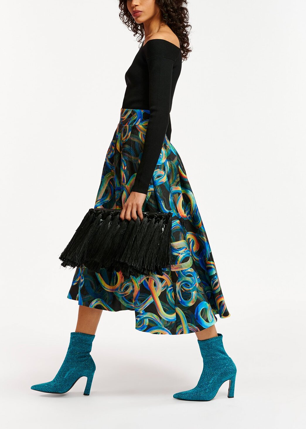 Black jacquard pleated midi skirt with abstract print RE—SSENTIEL | Essentiel second hand