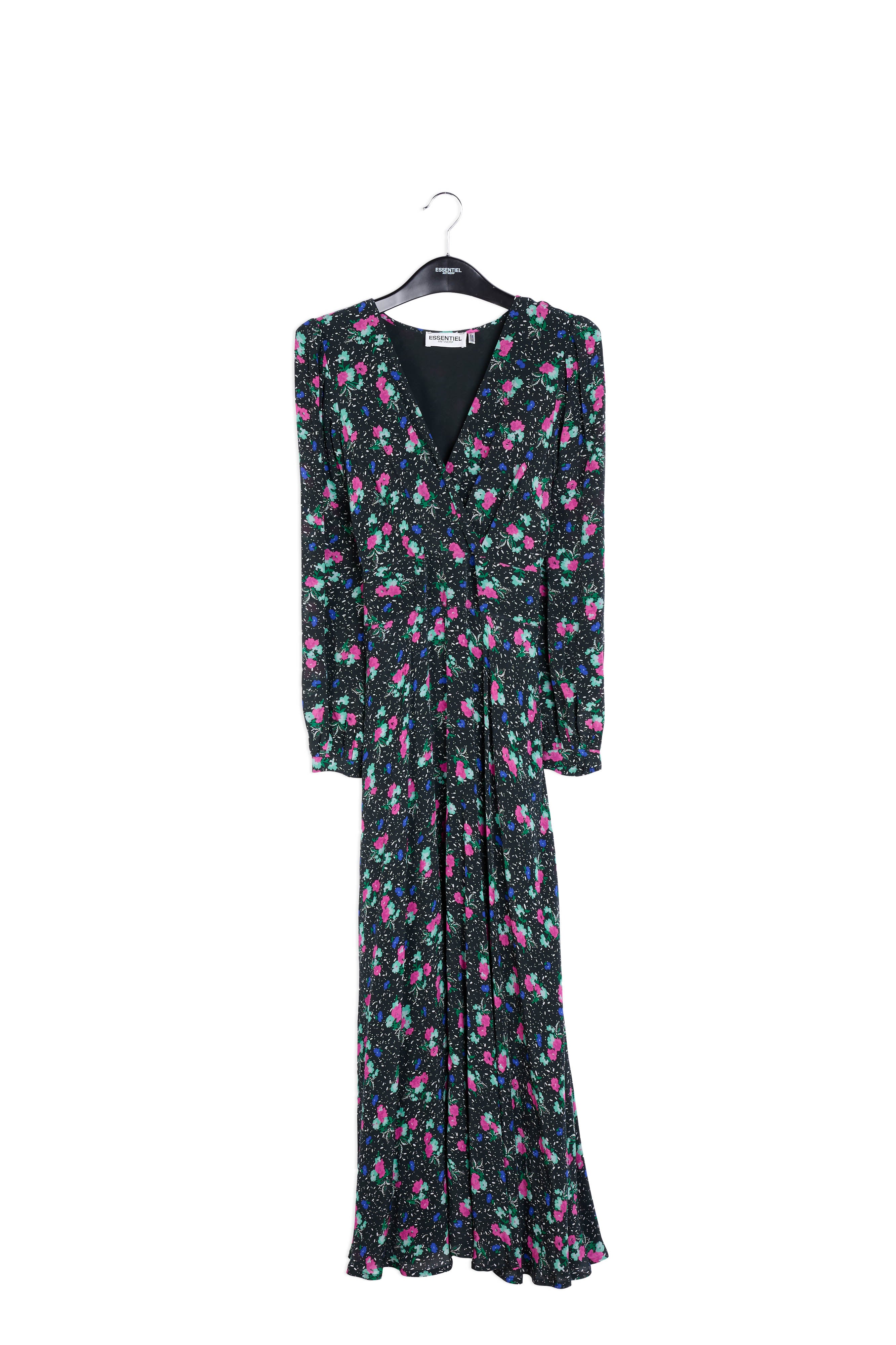 Robe maxi portefeuille noire à fleurs RE—SSENTIEL | Essentiel second hand