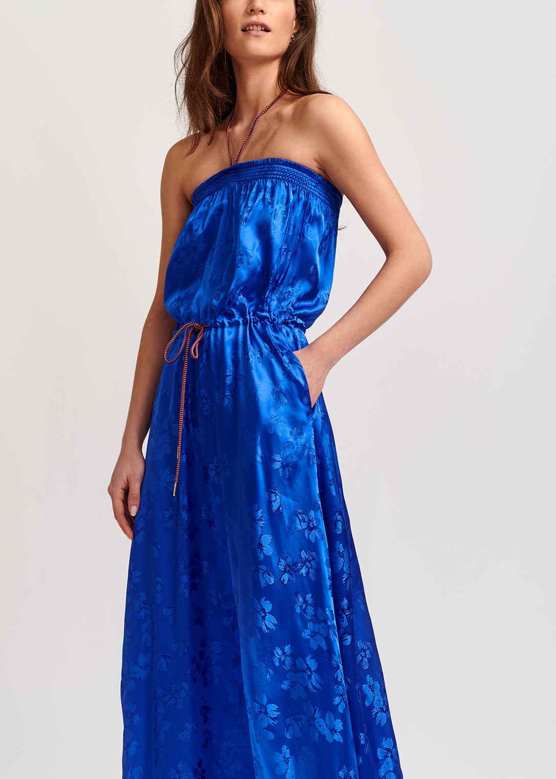 Cobalt blue floral-print jacquard maxi dress RE—SSENTIEL | Essentiel second hand