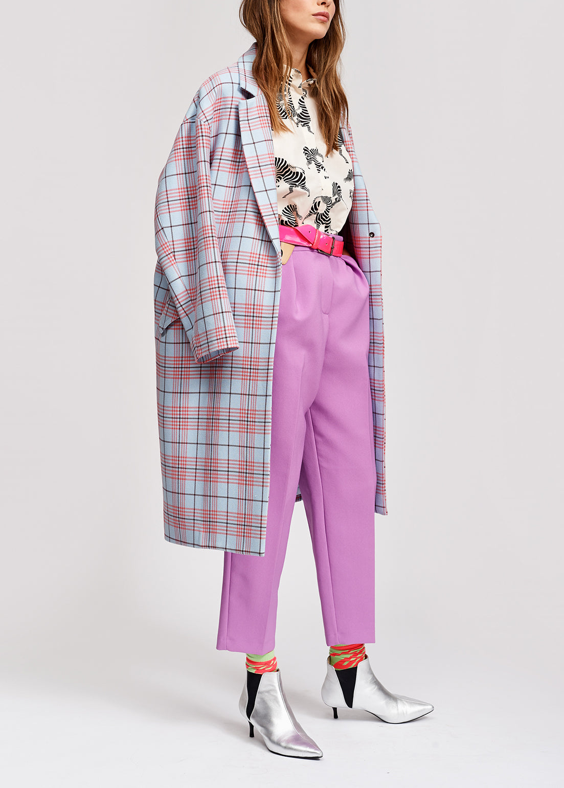Sky blue plaid long coat RE—SSENTIEL | Essentiel second hand