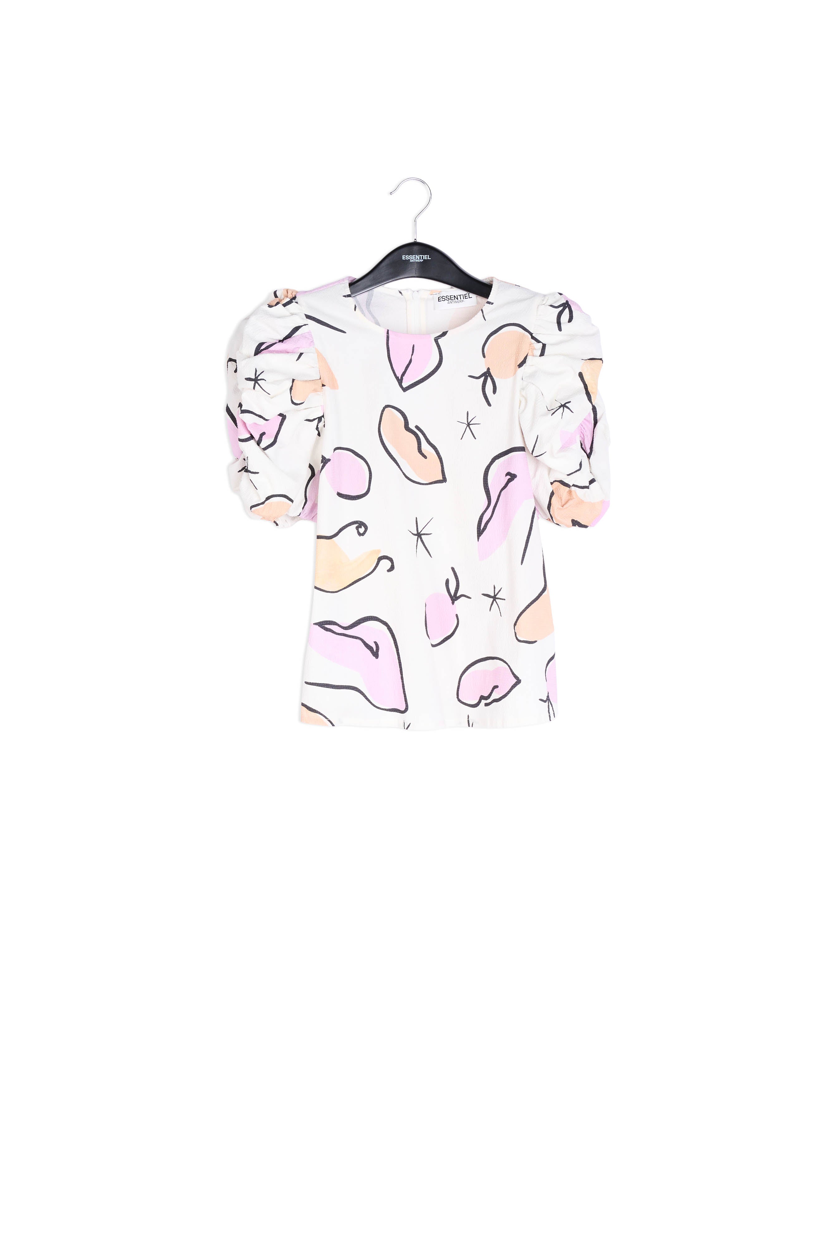 Witte top met pofmouwen en abstracte print RE—SSENTIEL | Essentiel second hand