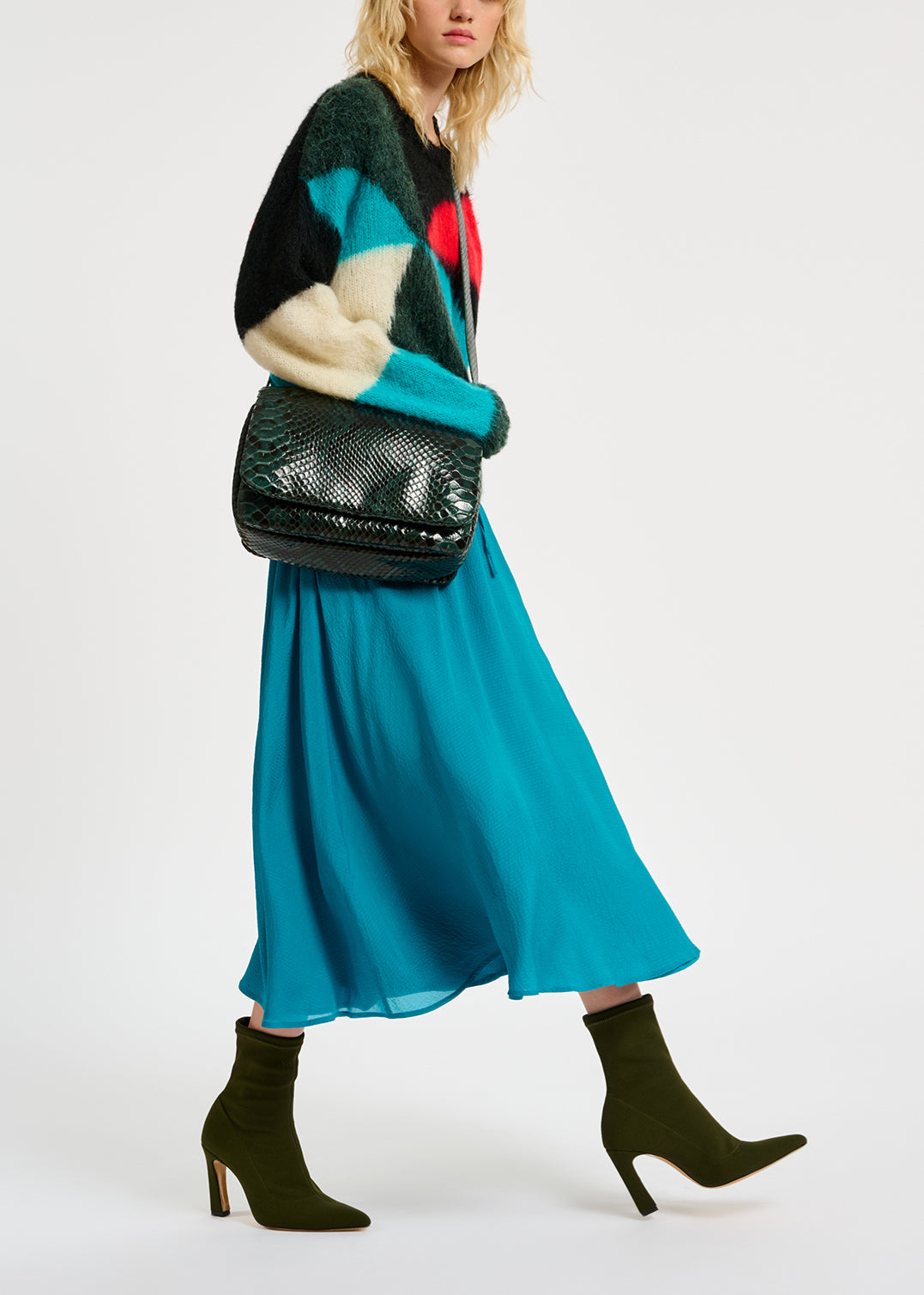 Dark green, blue and red intarsia-knitted sweater RE—SSENTIEL | Essentiel second hand