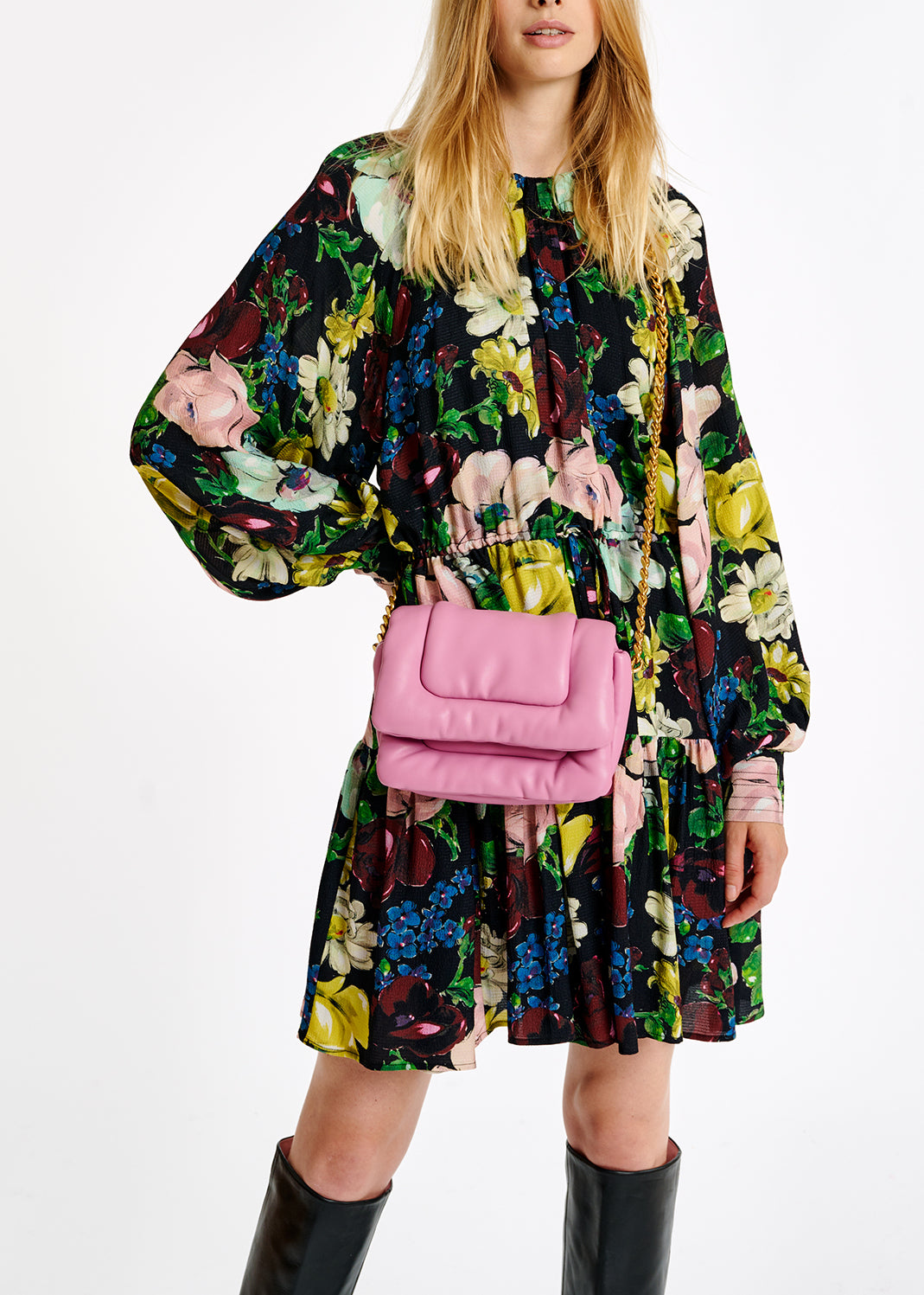 Black, white and yellow floral print mini dress RE—SSENTIEL | Essentiel second hand