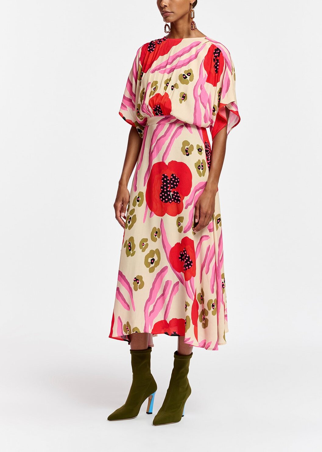 Ecru, red and pink abstract print midi-length dress RE—SSENTIEL | Essentiel second hand