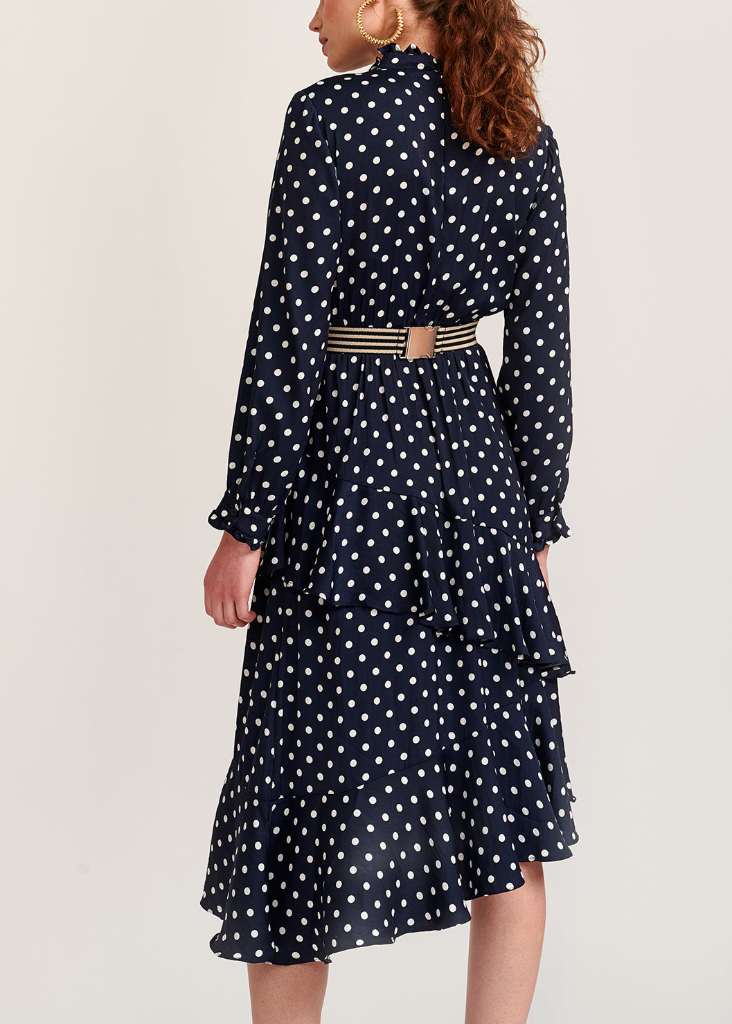 Dark blue polka dot ruffled midi dress RE—SSENTIEL | Essentiel second hand