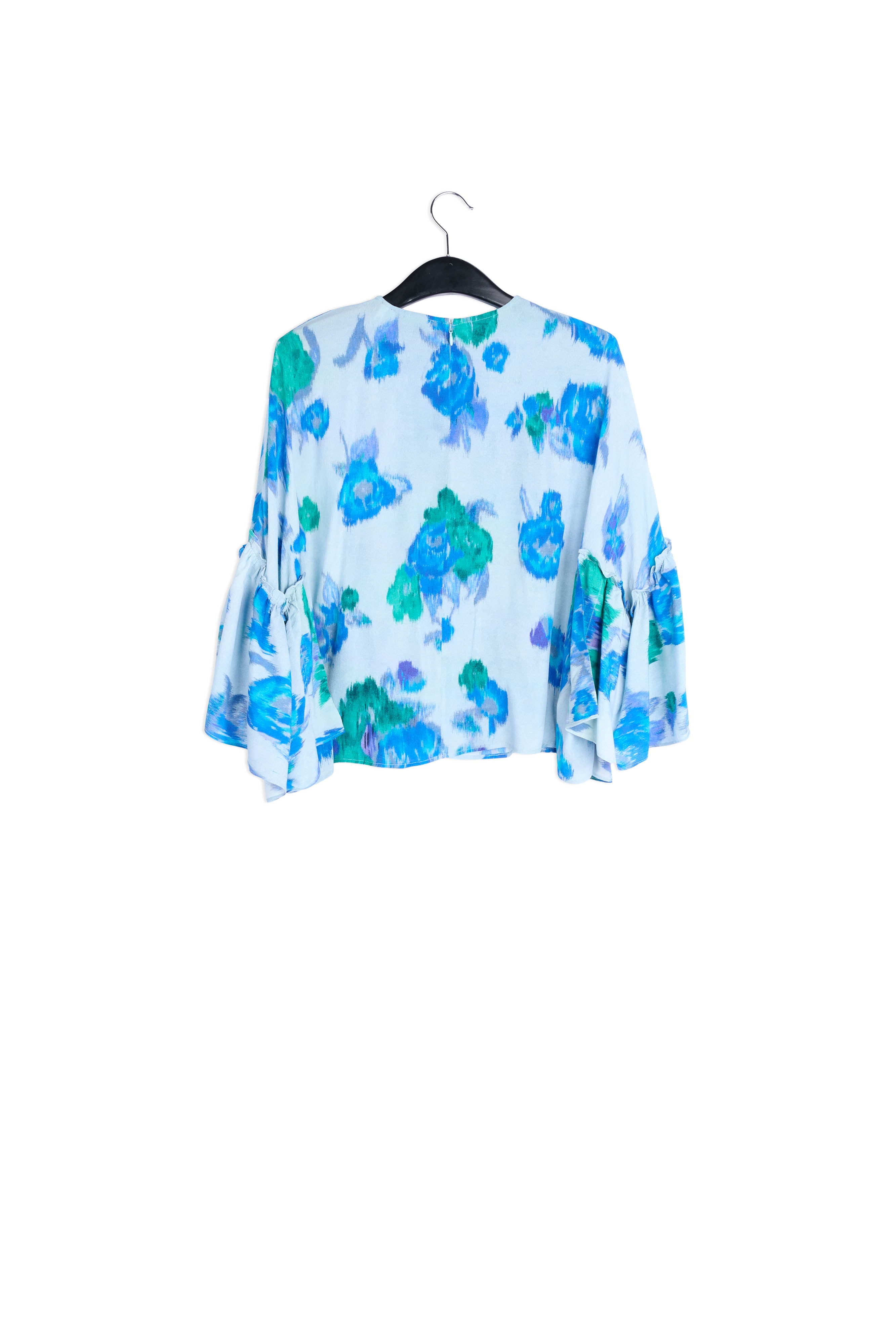 Light blue, blue and green floral printed top with ruffled sleeves RE—SSENTIEL | Essentiel second hand