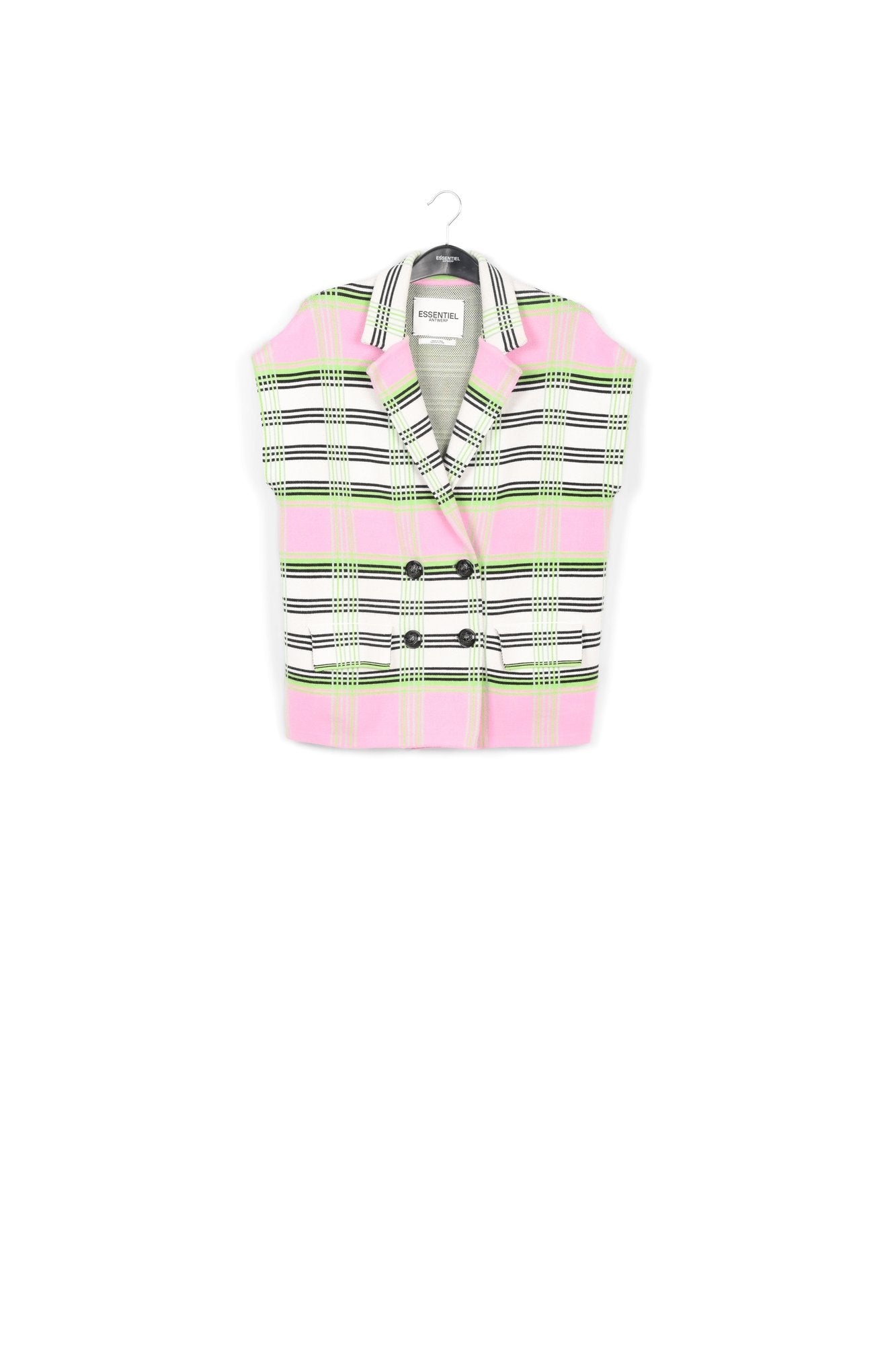 Off-white, pink and green checked sleeveless cardigan RE—SSENTIEL | Essentiel second hand