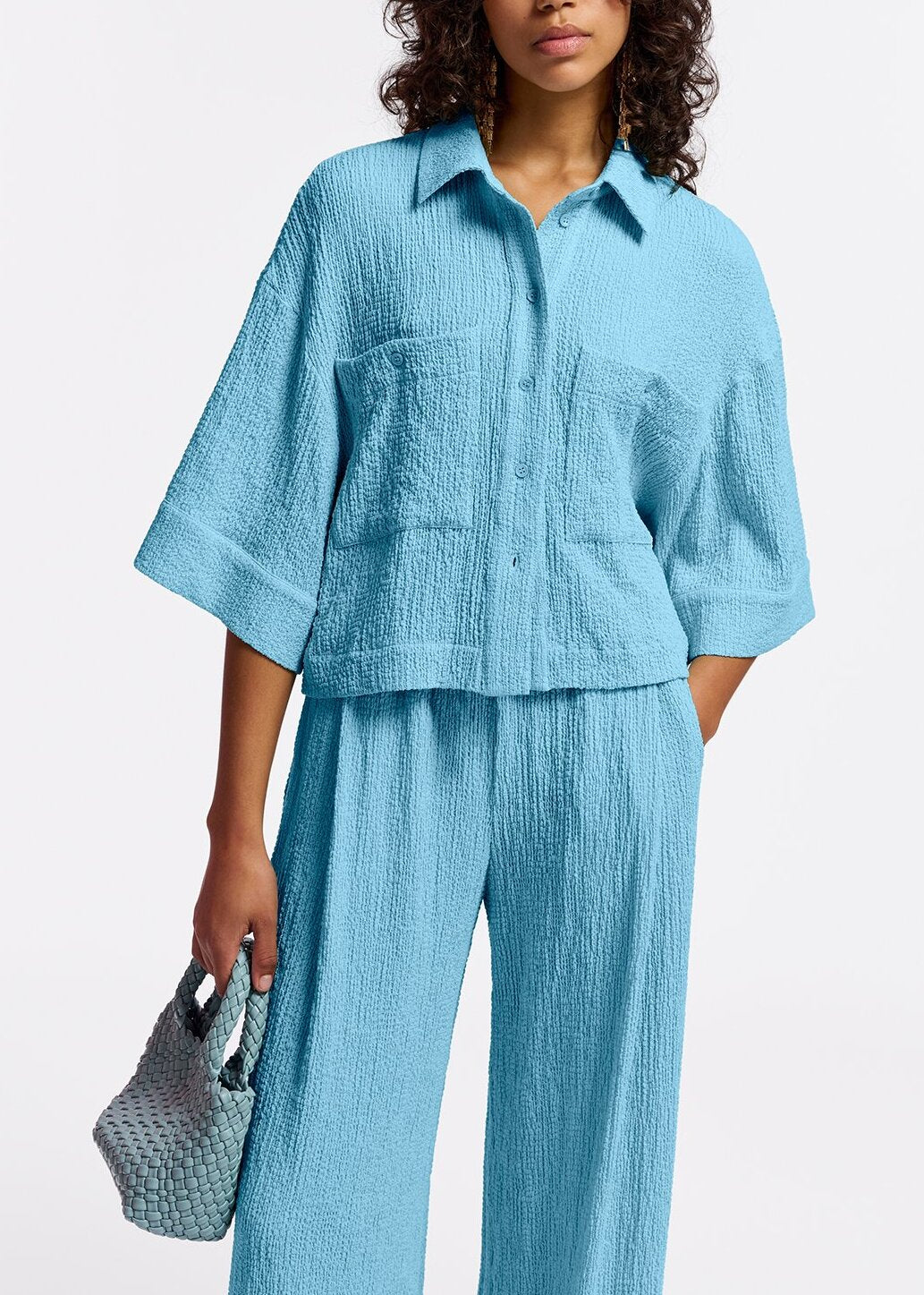 Light blue wide-leg seersucker pants RE—SSENTIEL | Essentiel second hand