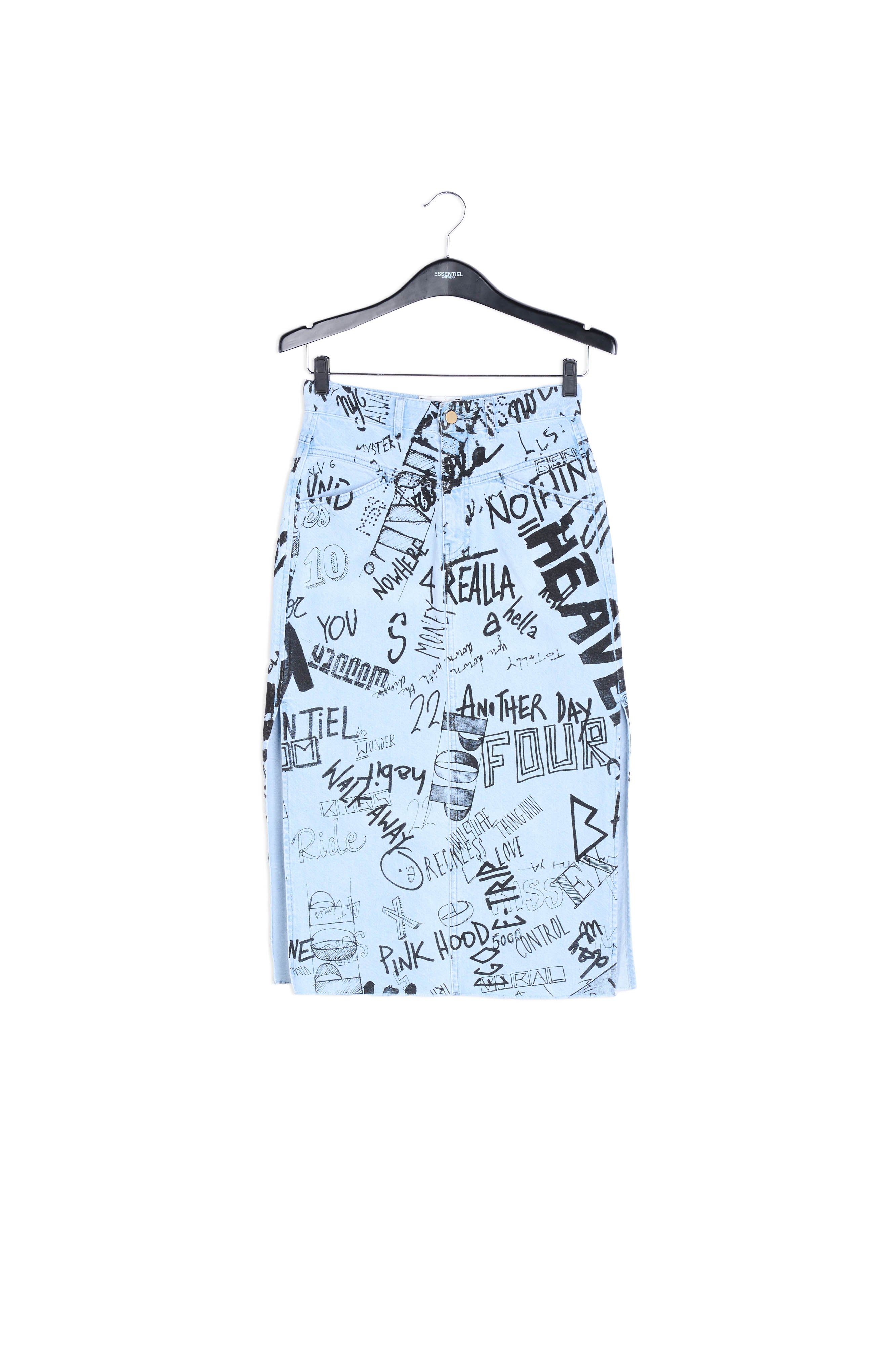 Light blue graffiti-print denim pencil skirt RE—SSENTIEL | Essentiel second hand