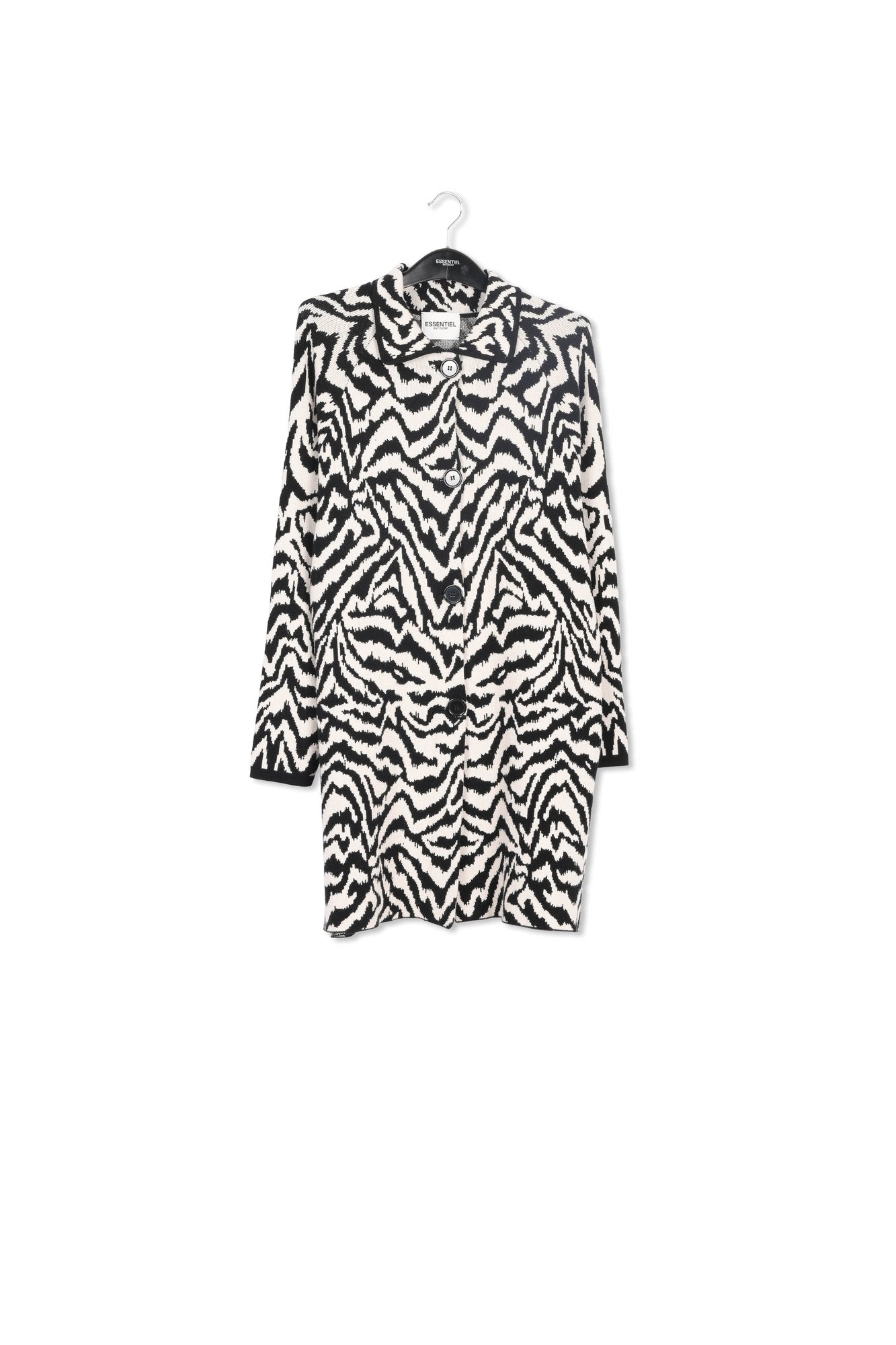 Long black and off-white jacquard coat with zebra motif RE—SSENTIEL | Essentiel second hand