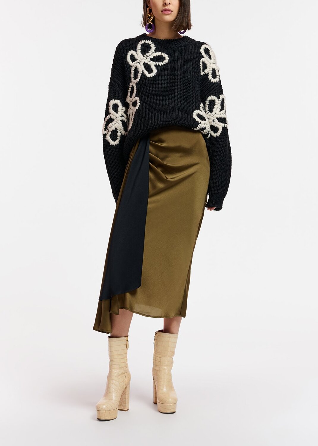 Khaki and black draped midi skirt RE—SSENTIEL | Essentiel second hand