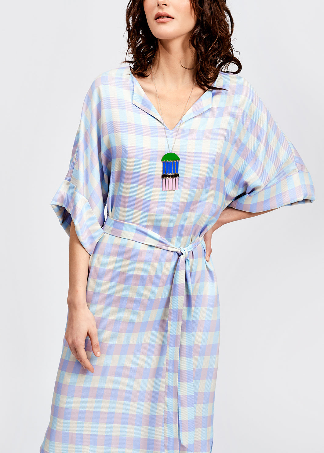 Light blue and purple plaid midi dress RE—SSENTIEL | Essentiel second hand