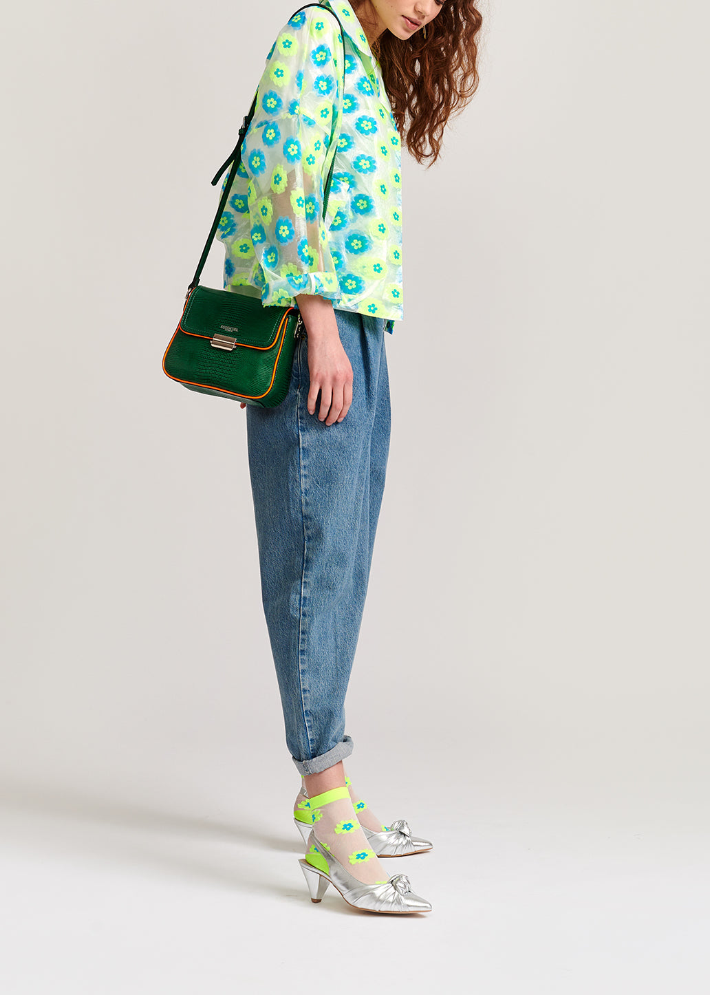 Neon green and blue floral-print see-through jacket RE—SSENTIEL | Essentiel second hand