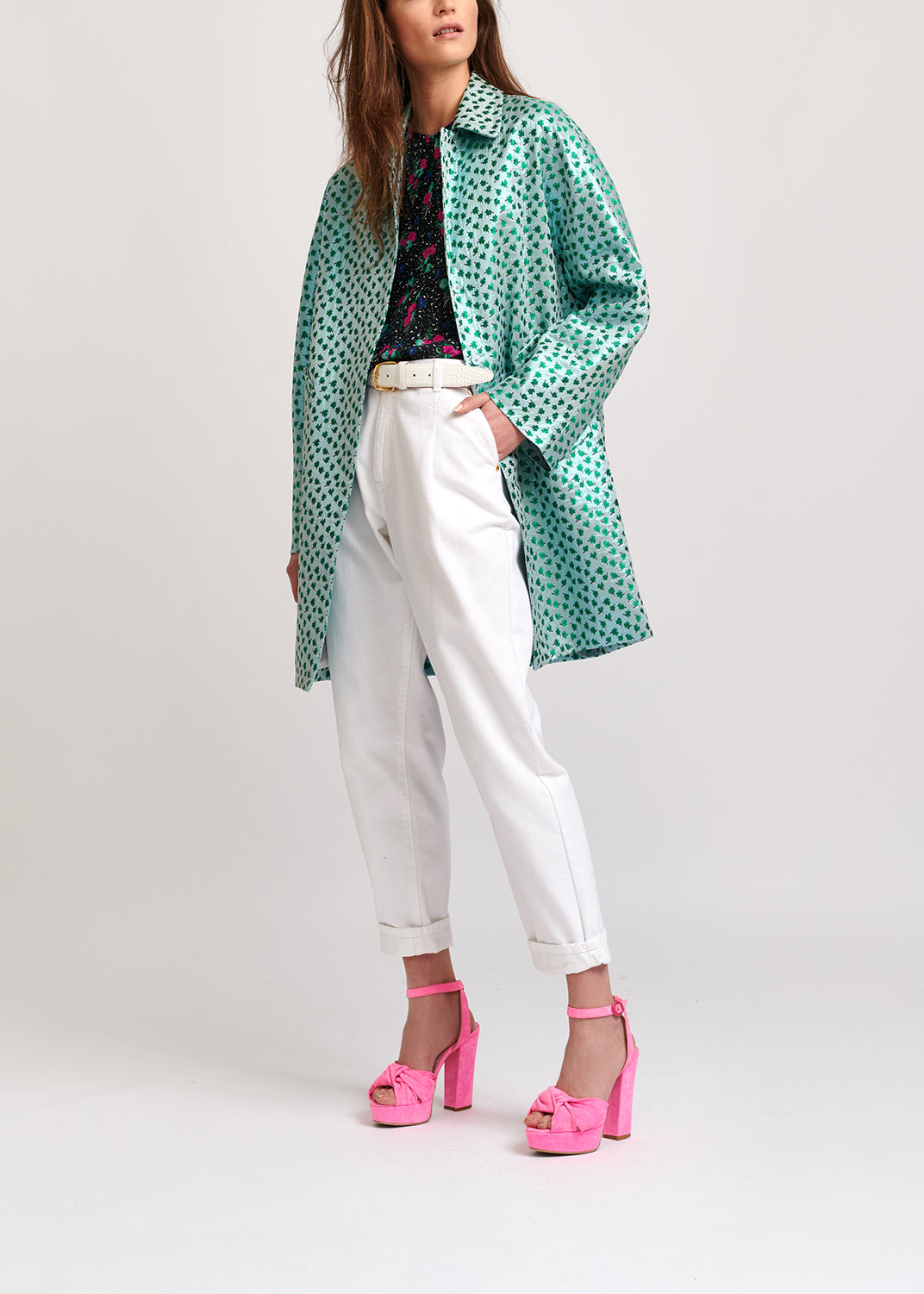 Mint green clover-print single-breasted coat RE—SSENTIEL | Essentiel second hand