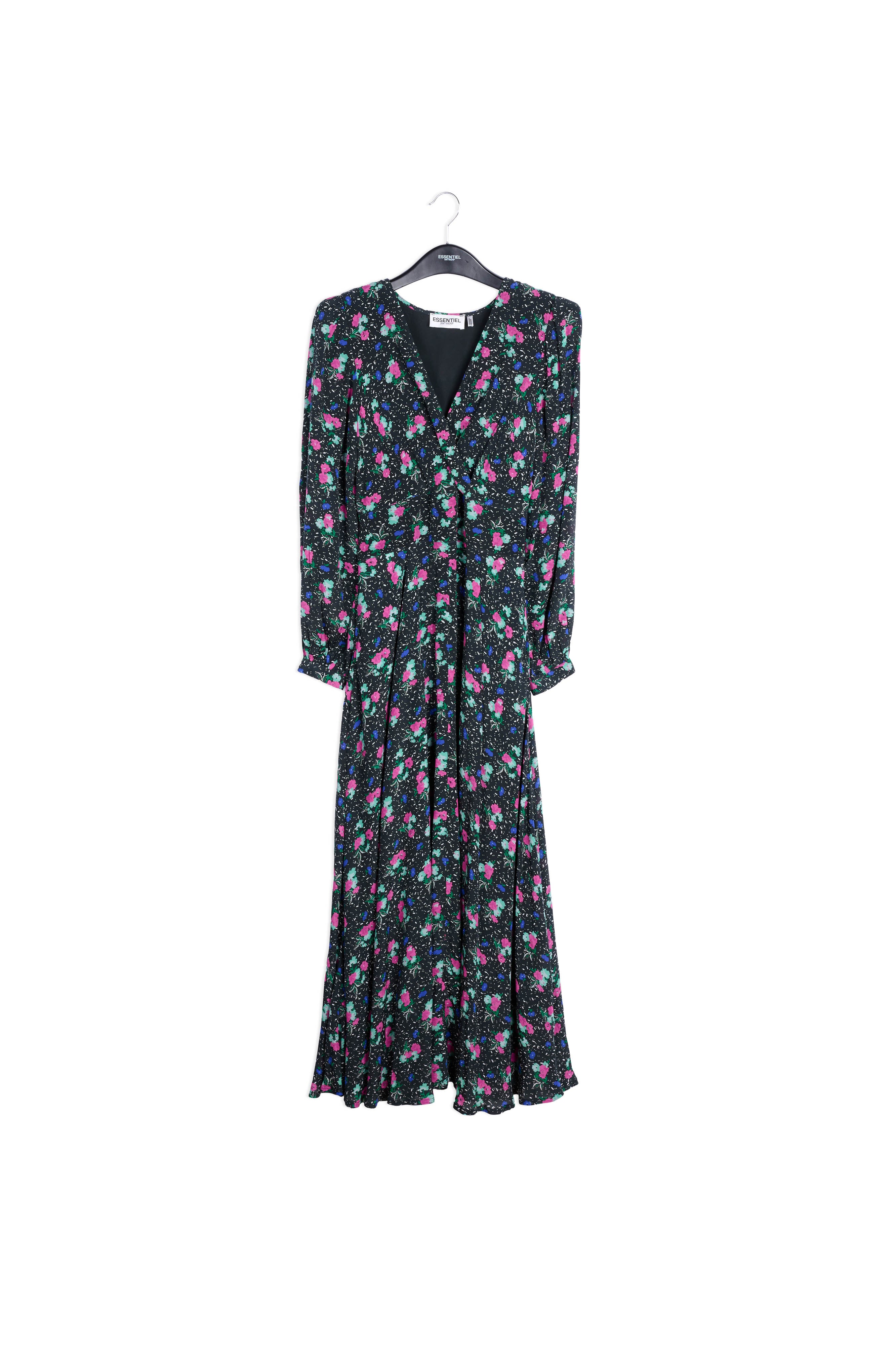 Robe maxi portefeuille noire à fleurs RE—SSENTIEL | Essentiel second hand