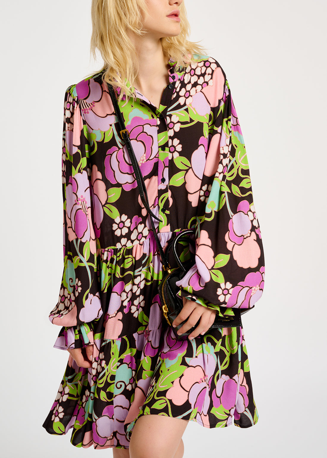 Black tiered mini dress with floral print RE—SSENTIEL | Essentiel second hand