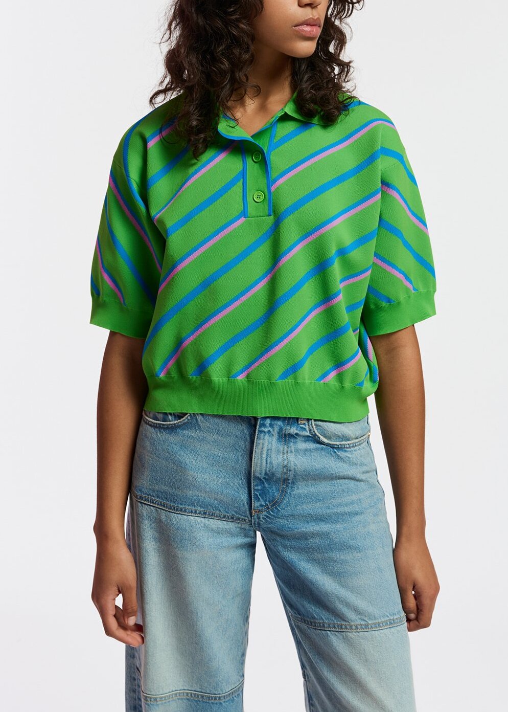 Green, blue and lilac striped knitted polo top RE—SSENTIEL | Essentiel second hand