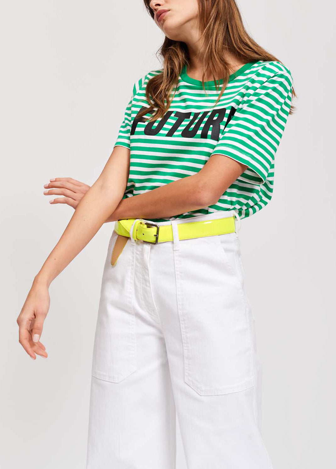 Green and white striped t-shirt with future print RE—SSENTIEL | Essentiel second hand