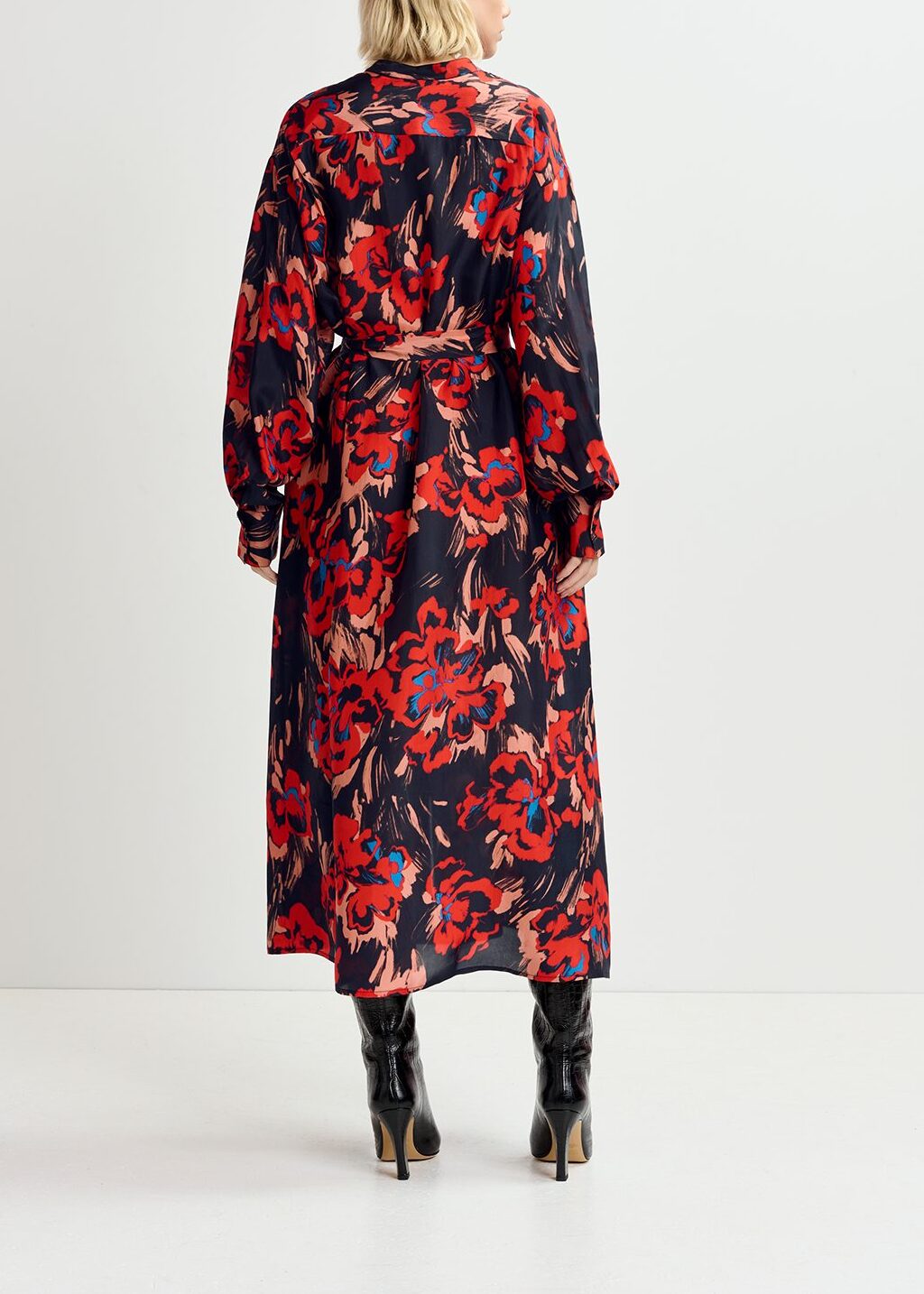 Black maxi-length silk dress with floral print RE—SSENTIEL | Essentiel second hand