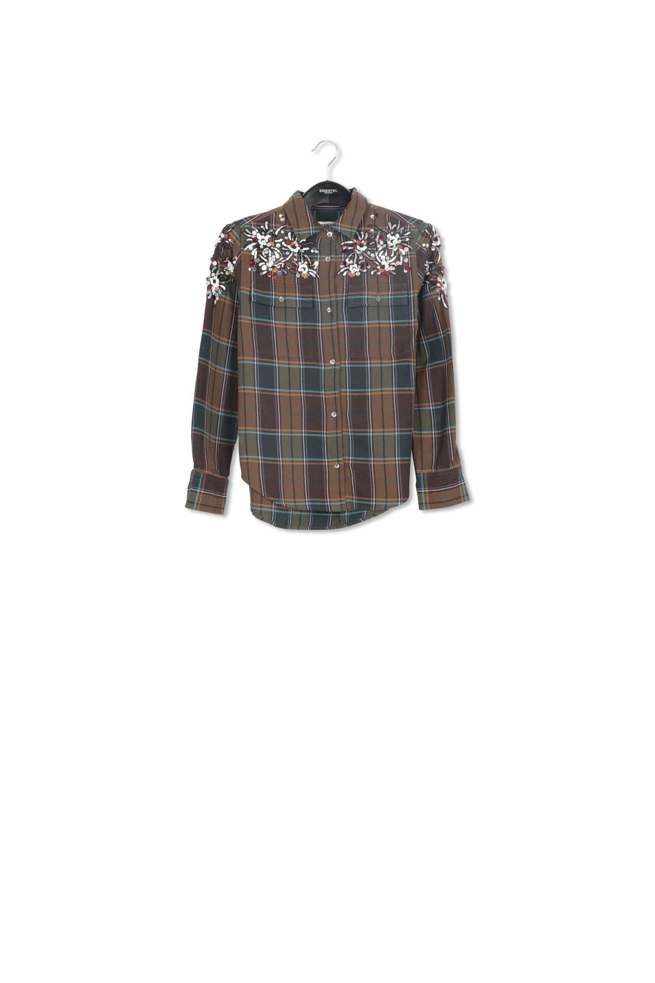 Chemise kaki à  carreaux et broderies RE—SSENTIEL | Essentiel second hand