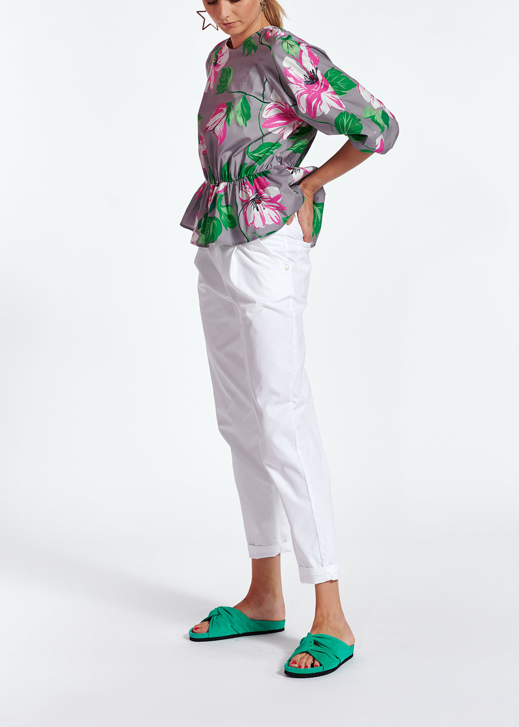 Grijze peplumtop van popeline met bloemen RE—SSENTIEL | Essentiel second hand