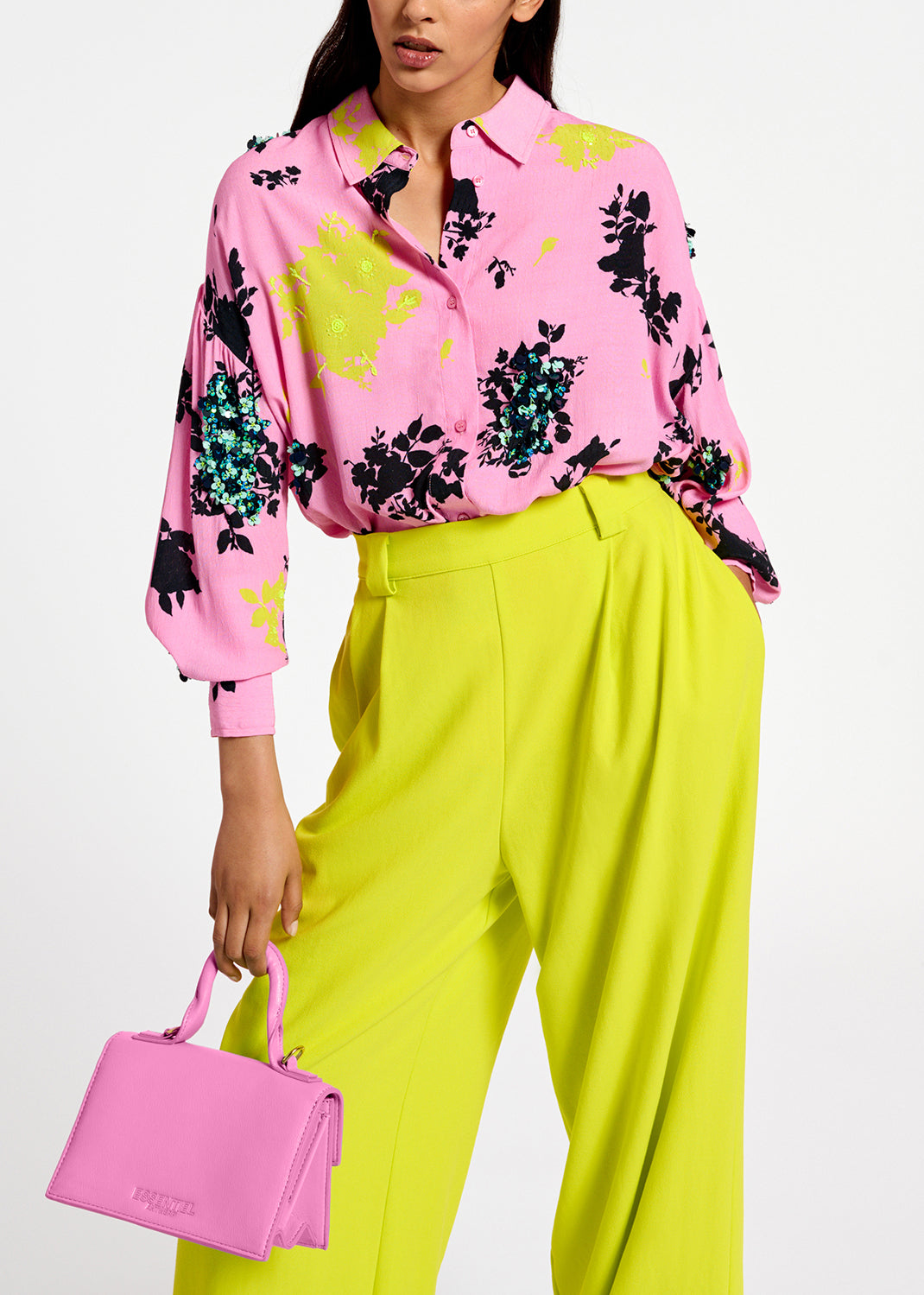 Pink, black and yellow floral print shirt RE—SSENTIEL | Essentiel second hand
