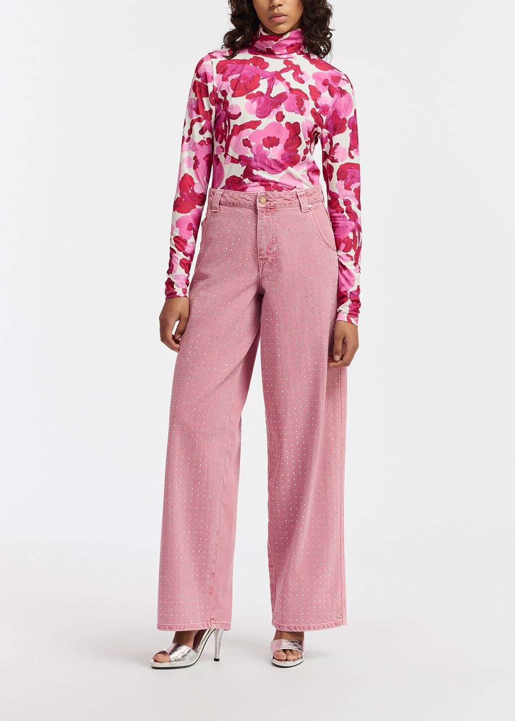 Pink rhinestone-embellished wide-leg jeans RE—SSENTIEL | Essentiel second hand