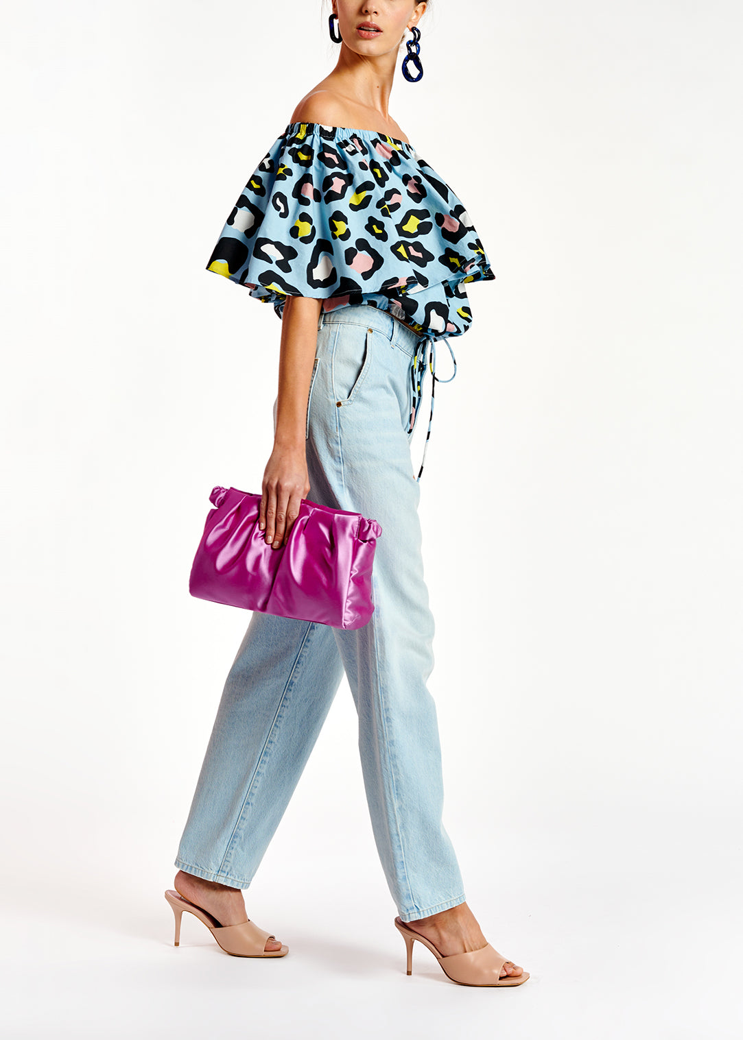 Light blue leopard-print off-shoulder top RE—SSENTIEL | Essentiel second hand