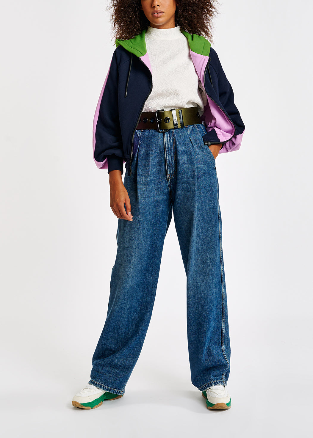 Navy blue, pink and green organic cotton zip-up hoodie RE—SSENTIEL | Essentiel second hand